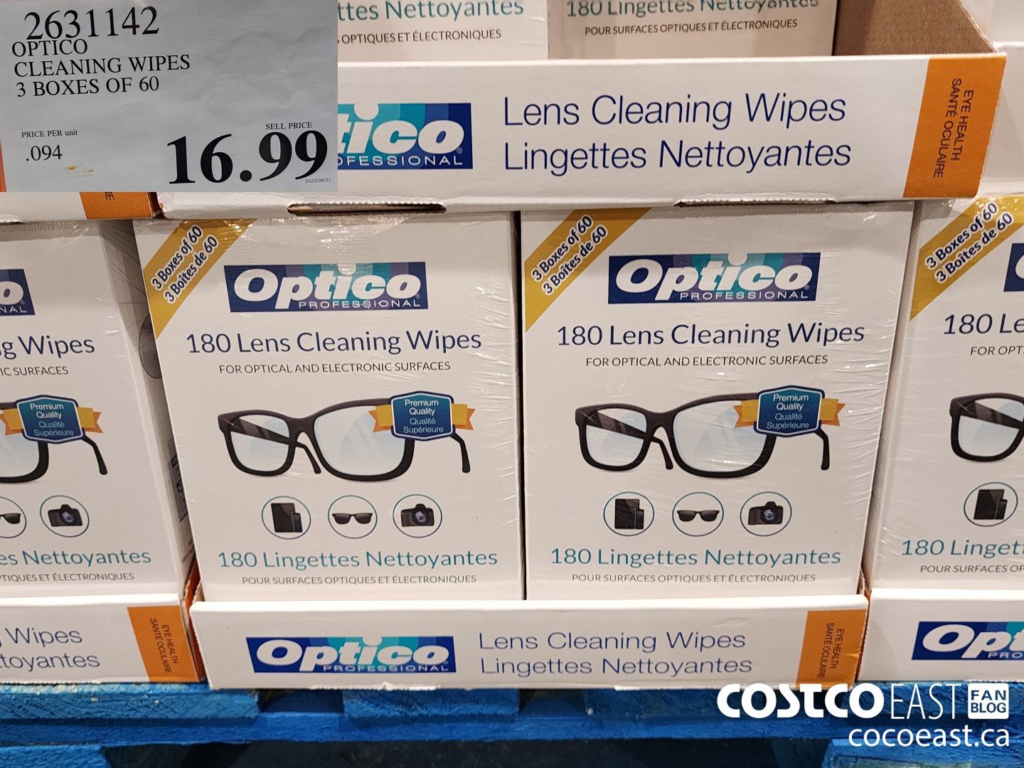 2631142 OPTICO CLEANING WIPES 3 BOXES OF 60 $16.99