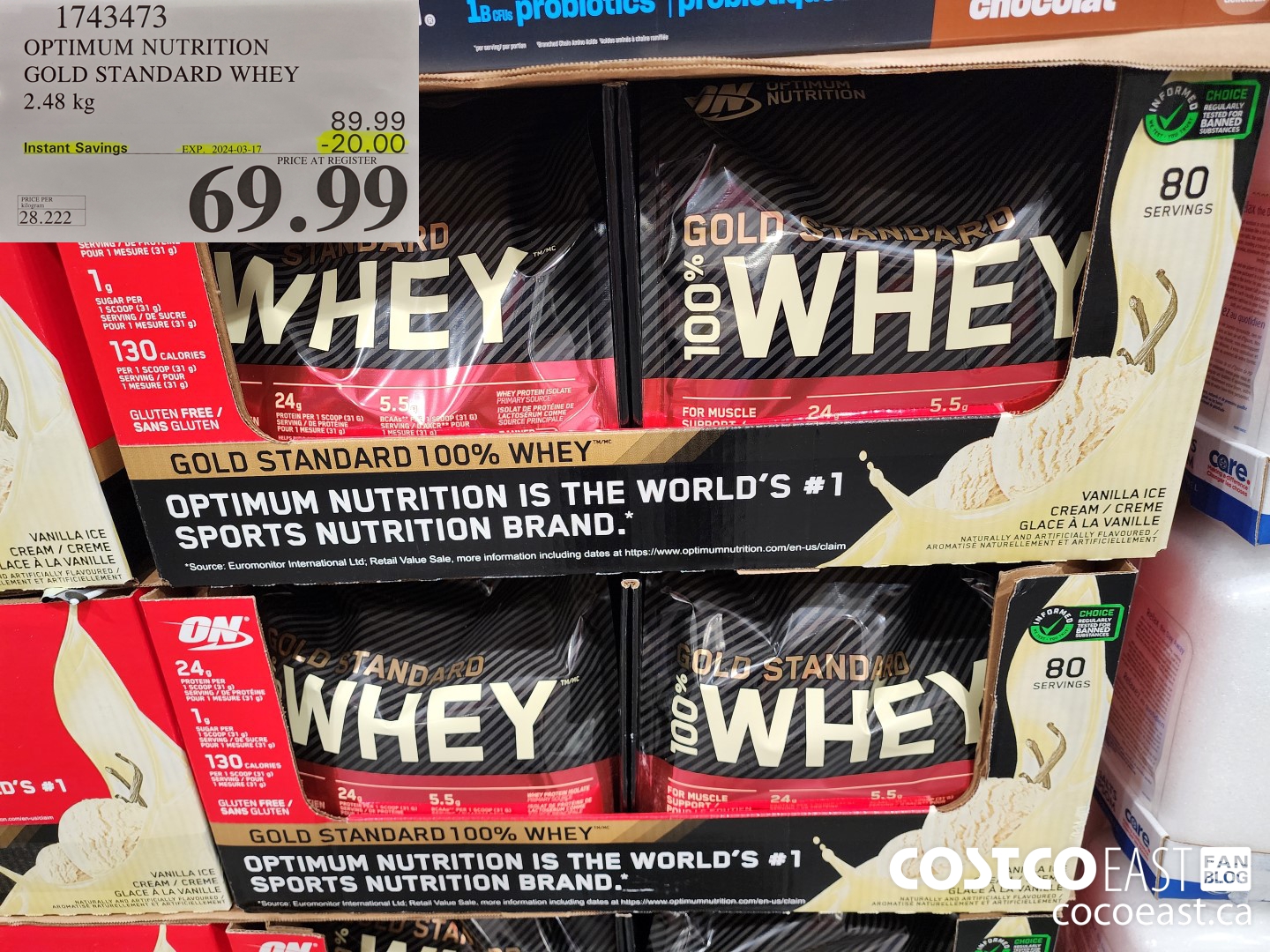 1743473 OPTIMUM NUTRITION GOLD STANDARD WHEY 2.56 KG ($20.00 INSTANT SAVINGS EXPIRES ON 2024-03-17) $69.99