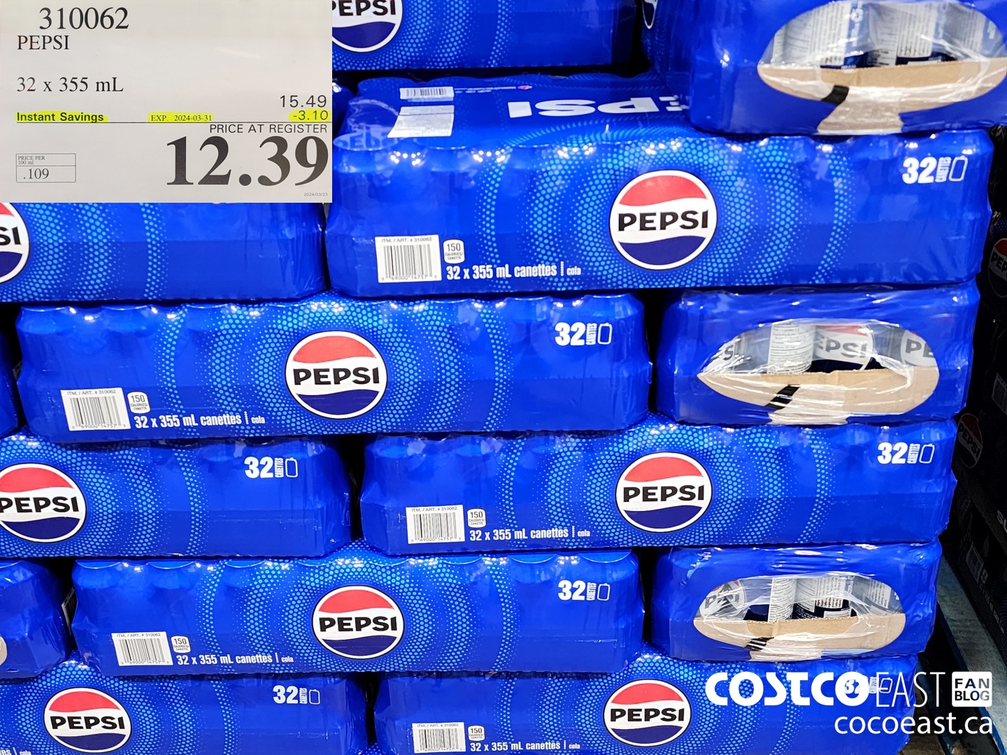 310062 PEPSI 32 X 355 ML ($3.10 INSTANT SAVINGS EXPIRES ON 2024-03-31) $12.39
