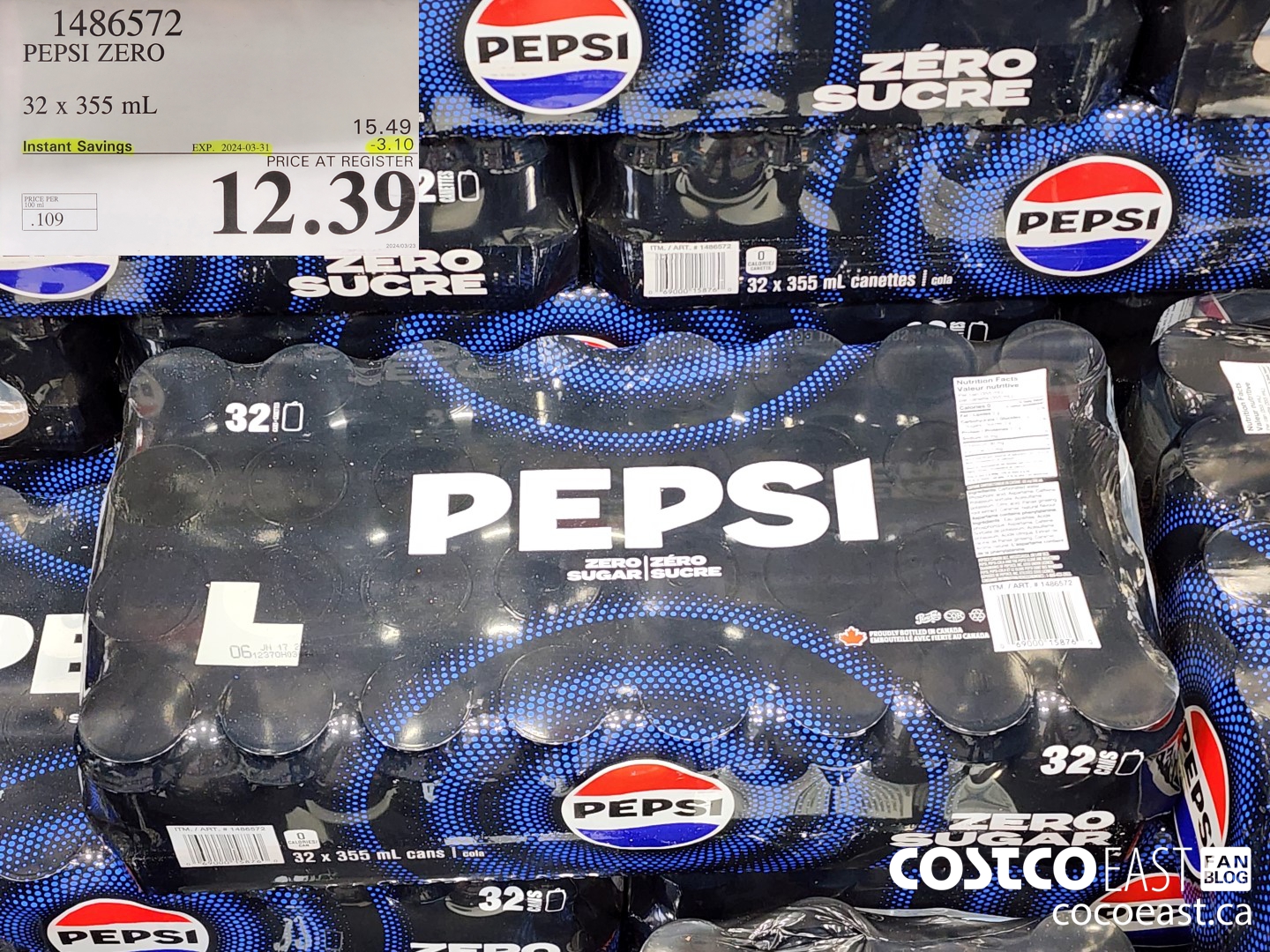 1486572 PEPSI ZERO ZERO SUGAR 32 X 355 ML ($3.10 INSTANT SAVINGS EXPIRES ON 2024-03-31) $12.39
