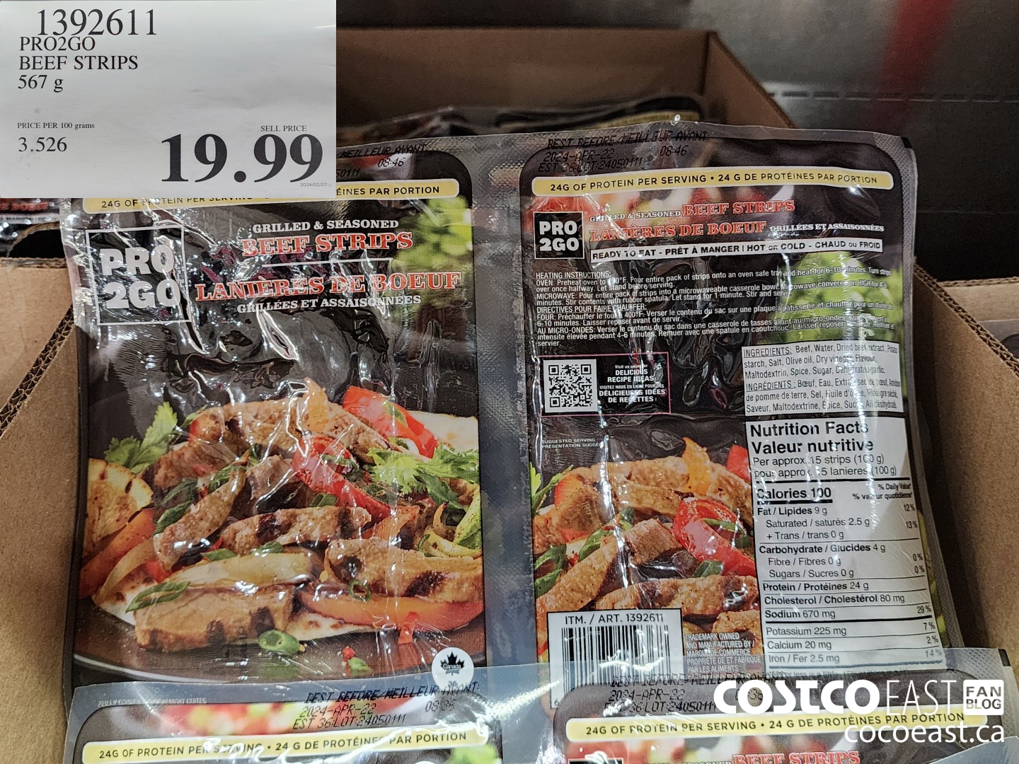 1392611 PRO2GO BEEF STRIPS 567 g $19.99