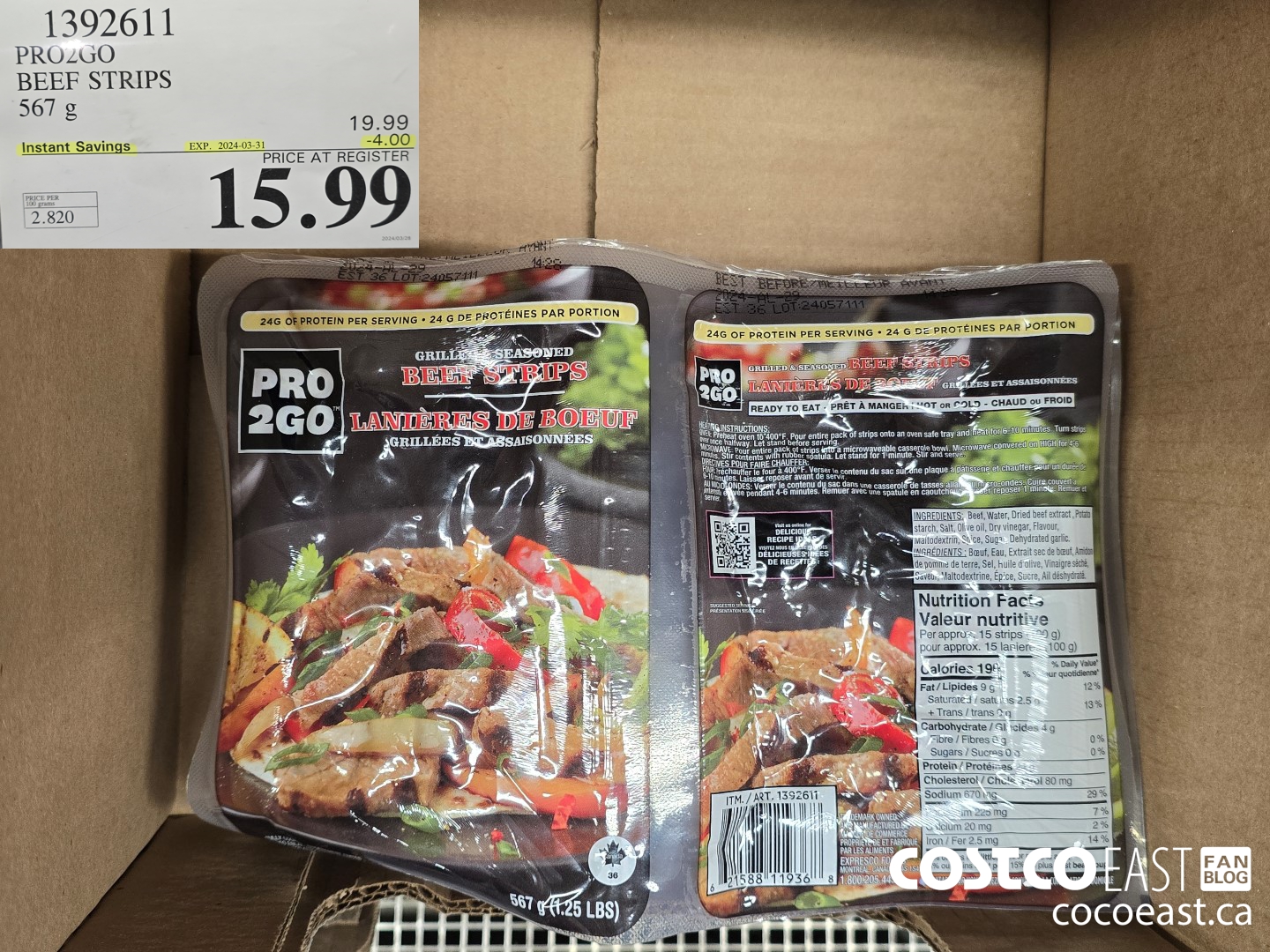 1392611 PRO2GO BEEF STRIPS 567 g ($4.00 INSTANT SAVINGS EXPIRES ON 2024-03-31) $15.99