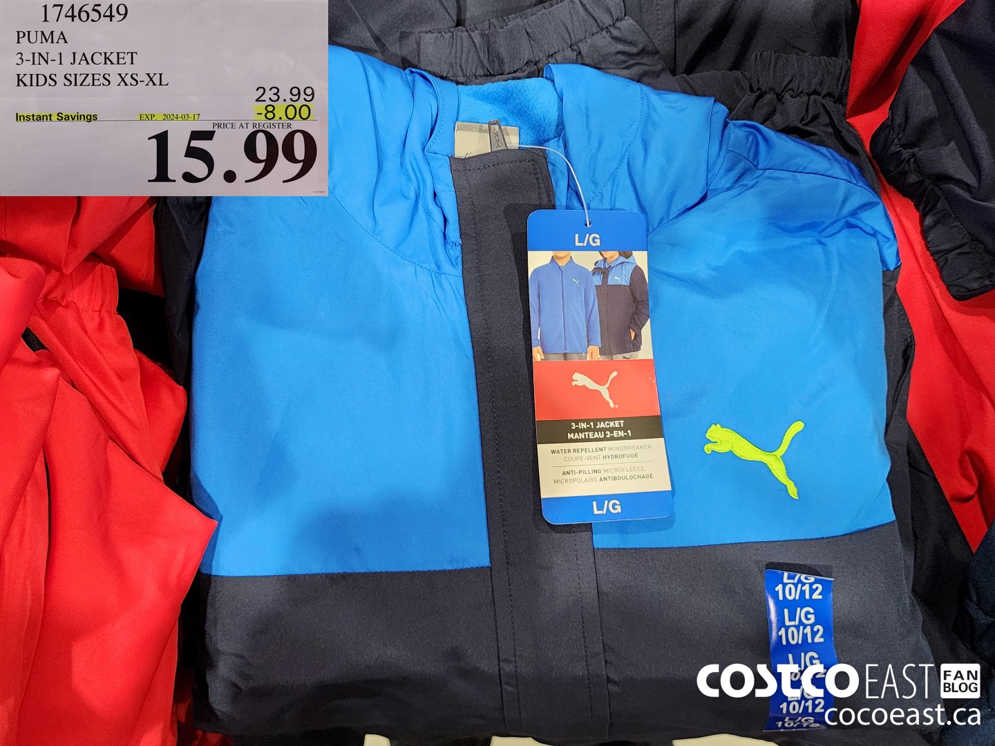 1746549 PUMA 3-IN-1 JACKET KIDS SIZES XS-XL ($8.00 INSTANT SAVINGS EXPIRES ON 2024-03-17) $15.99