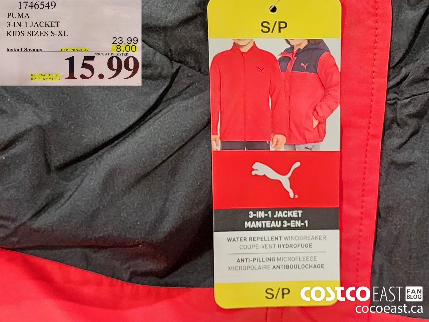 1746549 PUMA 3-IN-1 JACKET KIDS SIZES XS-XL ($8.00 INSTANT SAVINGS EXPIRES ON 2024-03-17) $15.99
