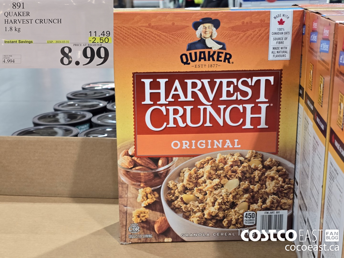 891 QUAKER HARVEST CRUNCH 1.8 kg ($2.50 INSTANT SAVINGS EXPIRES ON 2024-03-31) $8.99