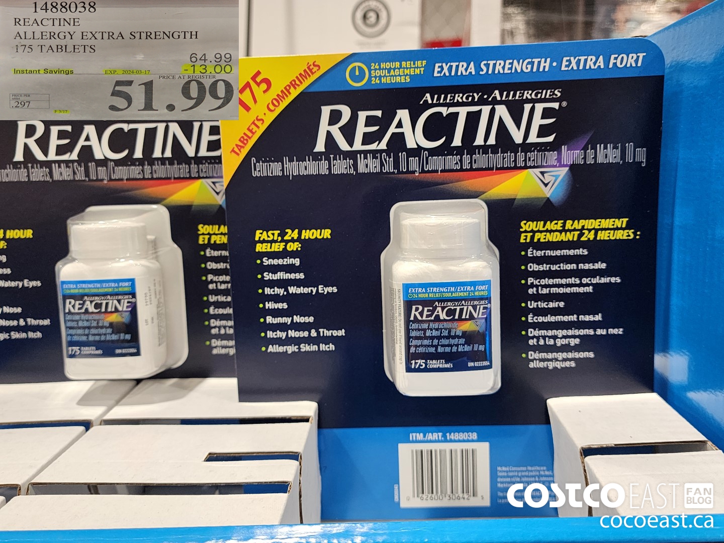 1488038 REACTINE ALLERGY EXTRA STRENGTH 175 TABLETS ($13.00 INSTANT SAVINGS EXPIRES ON 2024-03-17) $51.99