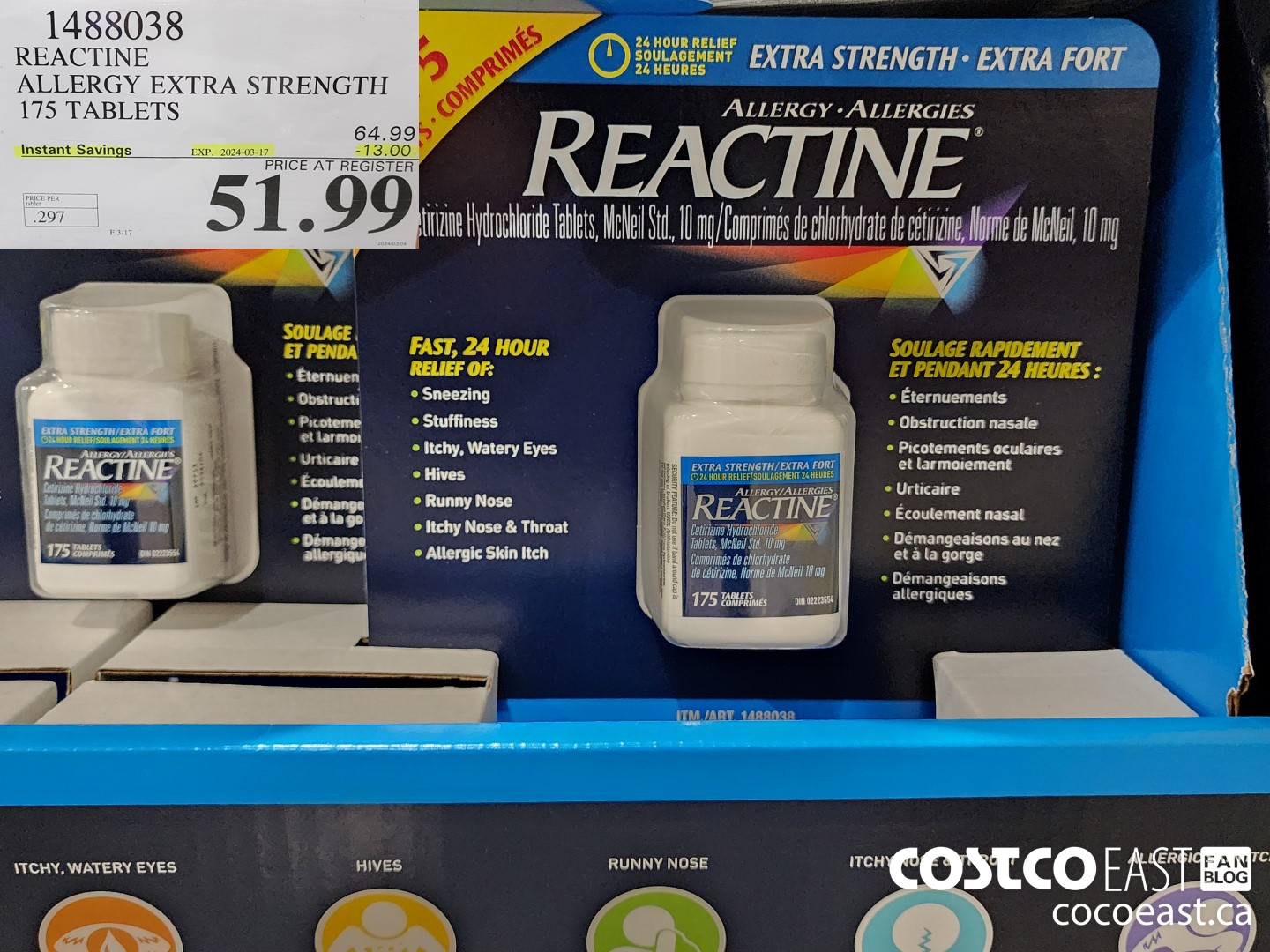 1488038 REACTINE ALLERGY EXTRA STRENGTH 175 TABLETS ($13.00 INSTANT SAVINGS EXPIRES ON 2024-03-17) $51.99