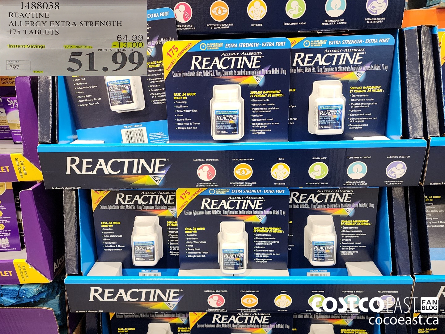 1488038 REACTINE ALLERGY EXTRA STRENGTH 175 TABLETS ($13.00 INSTANT SAVINGS EXPIRES ON 2024-03-17) $51.99