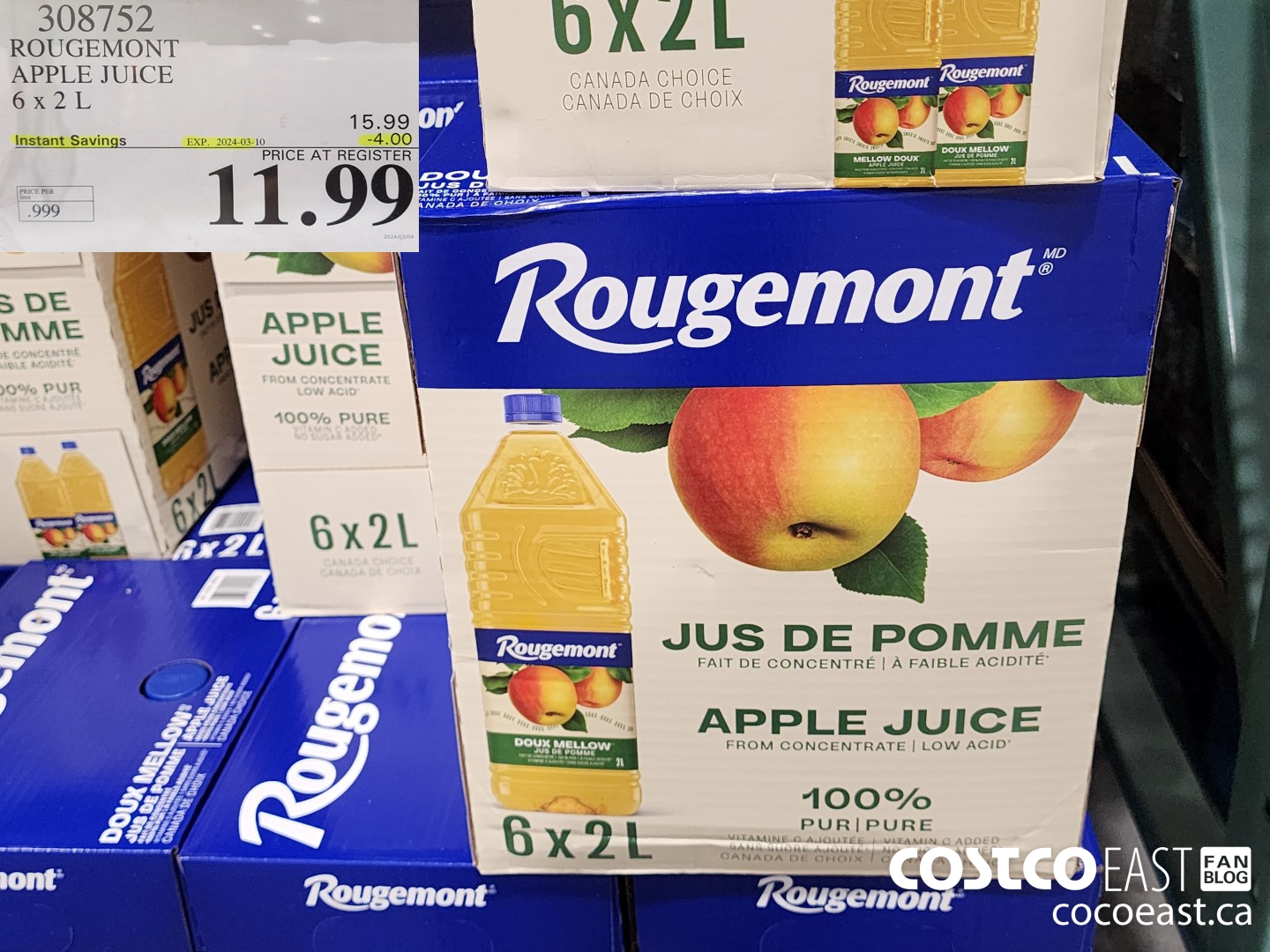 308752 ROUGEMONT APPLE JUICE 6 X 2 L ($4.00 INSTANT SAVINGS EXPIRES ON 2024-03-10) $11.99