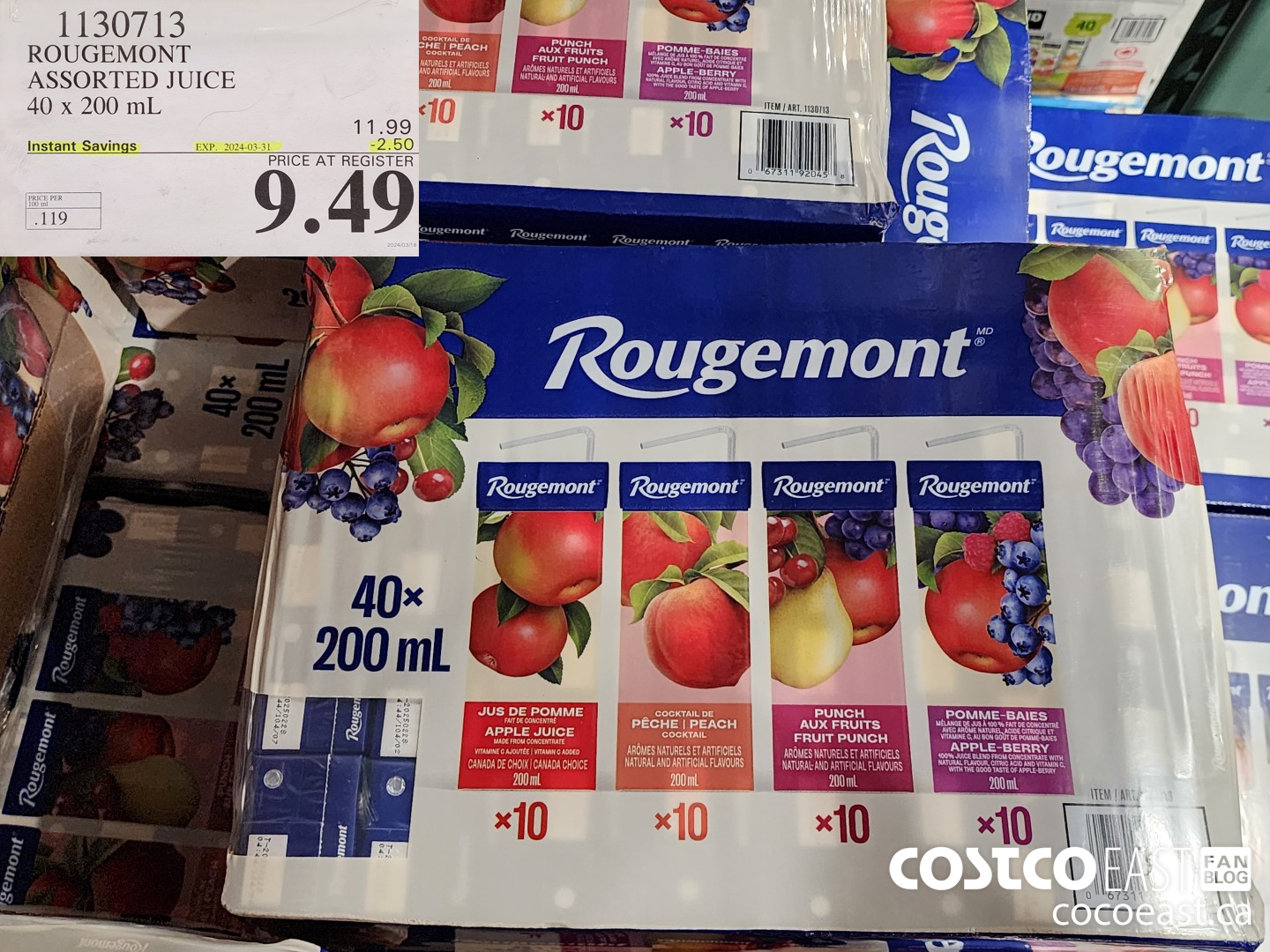 1130713 ROUGEMONT ASSORTED JUICE 40 X 200 ML ($2.50 INSTANT SAVINGS EXPIRES ON 2024-03-31) $9.49