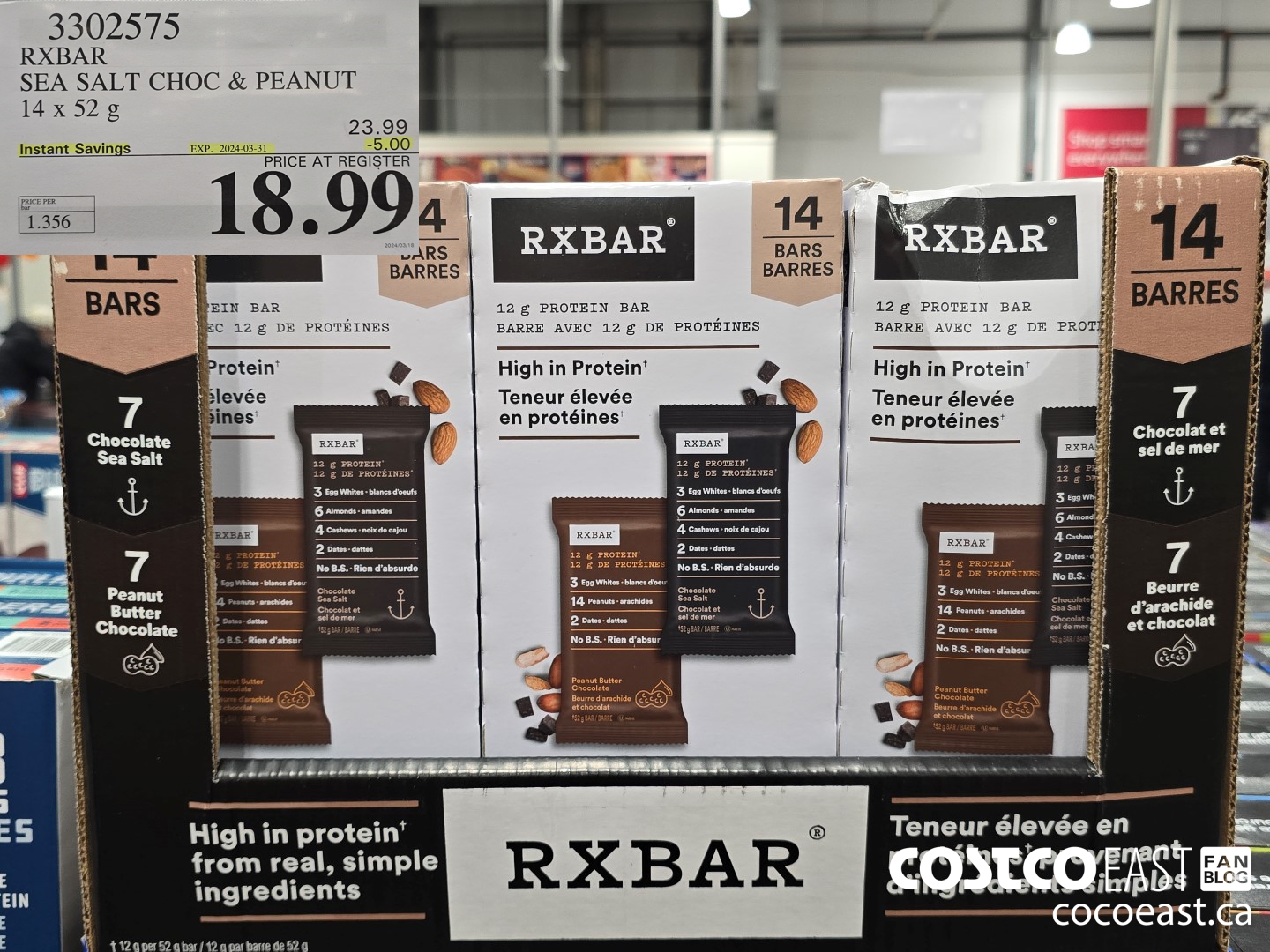 3302575 RXBAR SEA SALT CHOC & PEANUT 14 x 52g ($5.00 INSTANT SAVINGS EXPIRES ON 2024-03-31) $18.99