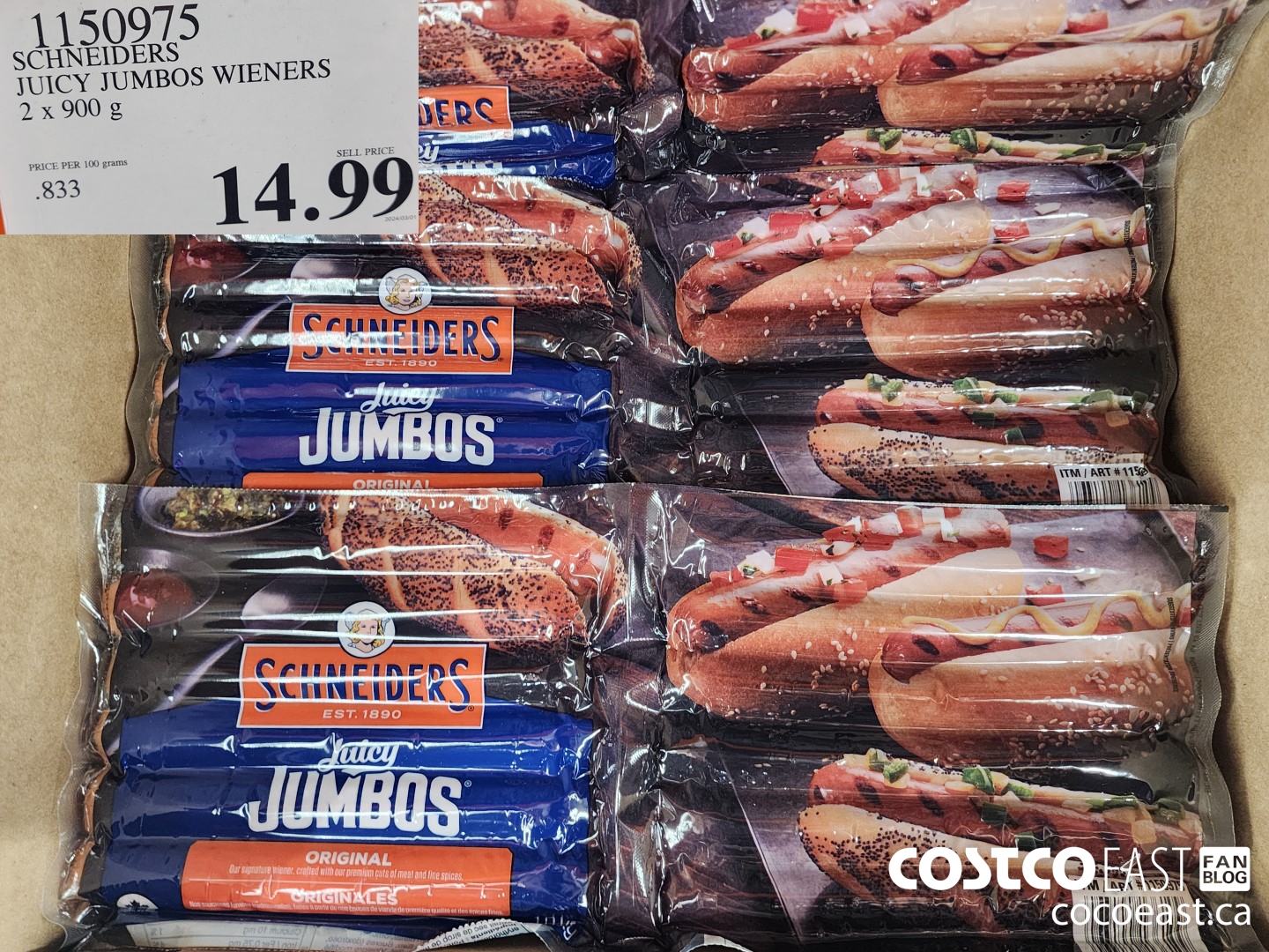 1150975 SCHNEIDERS JUICY JUMBOS WIENERS 2 x 900 g $14.99