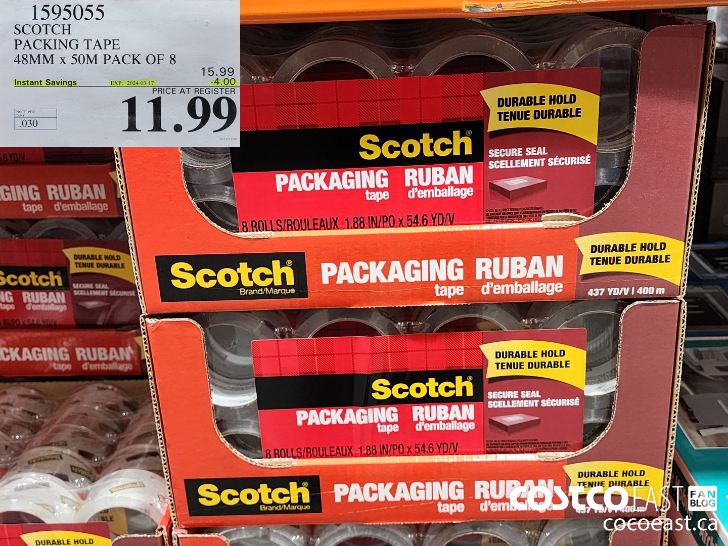 1595055 SCOTCH PACKING TAPE 48MM X 50M PACK OF 8 ($4.00 INSTANT SAVINGS EXPIRES ON 2024-03-12) $11.99