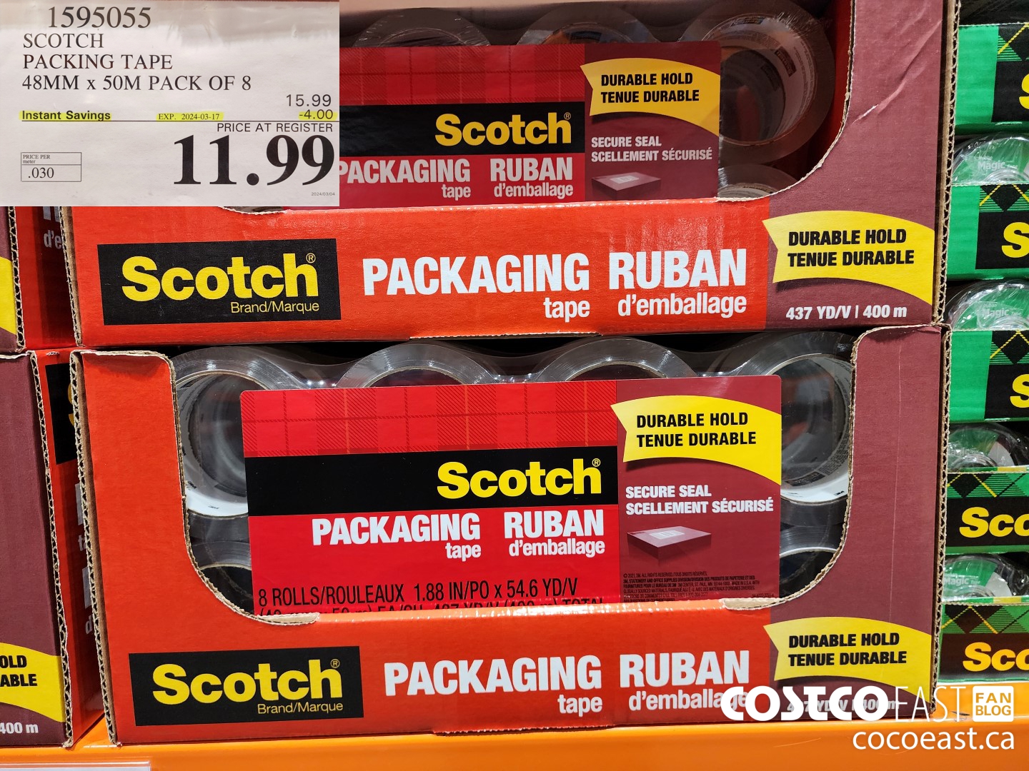 1595055 SCOTCH PACKING TAPE 48MM X 50M PACK OF 8 ($4.00 INSTANT SAVINGS EXPIRES ON 2024-03-17) $11.99