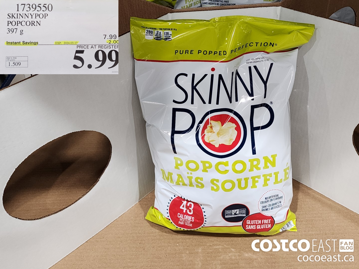 1739550 SKINNYPOP POPCORN 397 G ($2.00 INSTANT SAVINGS EXPIRES ON 2024-03-17) $5.49