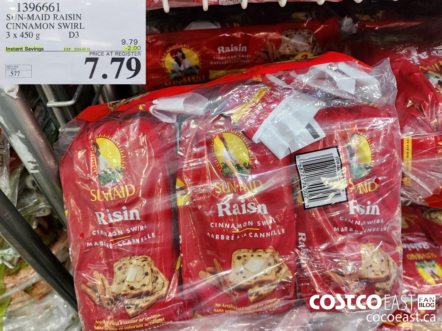 1396661 SUN-MAID RAISIN CINNAMON SWIRL 3 x 450 g ($2.00 INSTANT SAVINGS EXPIRES ON 2024-03-31) $7.69