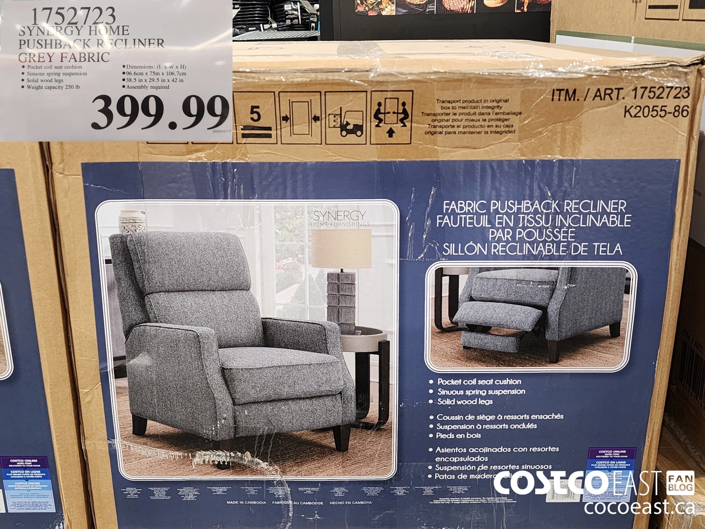1752723 SYNERGY HOME PUSHBACK RECLINER GREY FABRIC $399.99