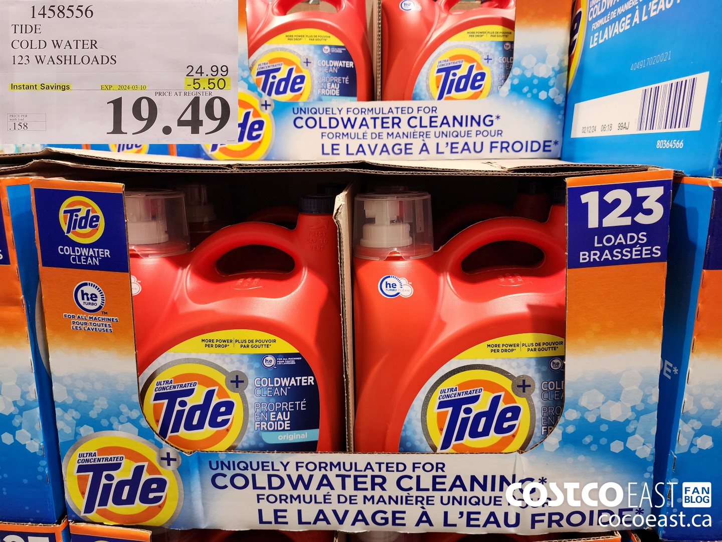 1458556 TIDE COLD WATER 123 WASHLOADS ($5.50 INSTANT SAVINGS EXPIRES ON 2024-03-10) $19.49