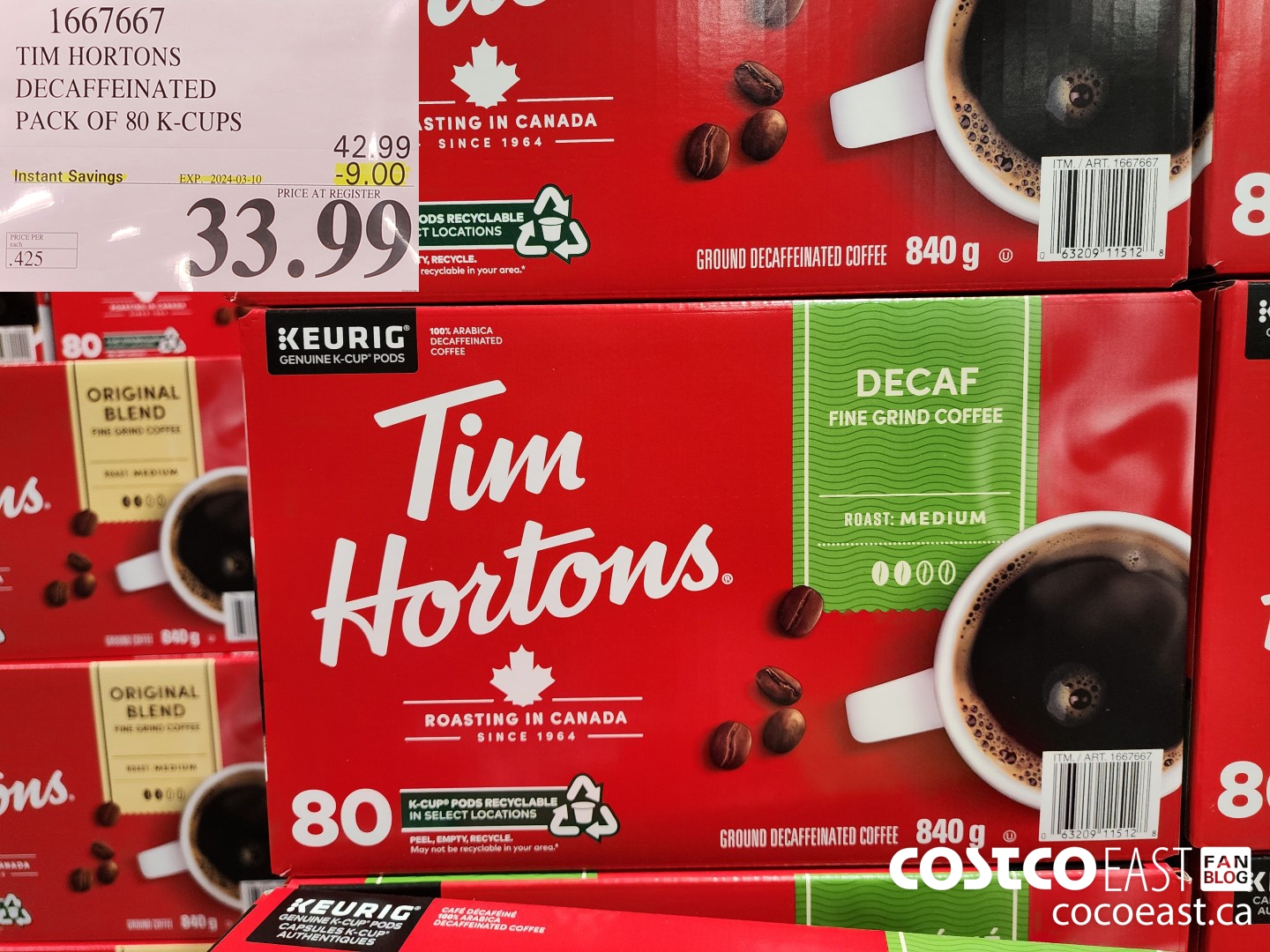 1667667 TIM HORTONS DECAFFEINATED PACK OF 80 K-CUPS ($9.00 INSTANT SAVINGS EXPIRES ON 2024-03-10) $33.99