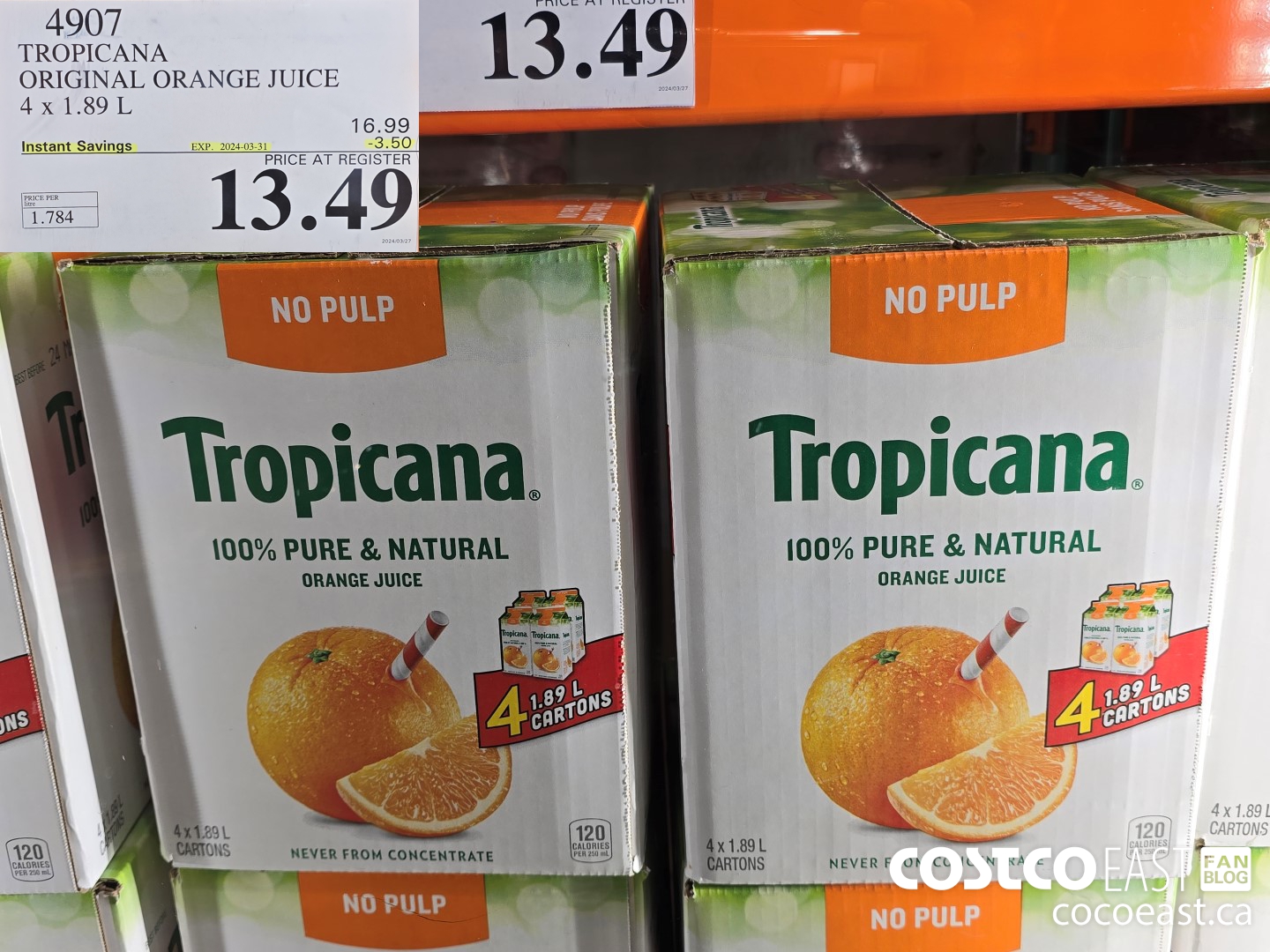 4907 TROPICANA ORIGINAL ORANGE JUICE 4 x 1.89 L ($3.50 INSTANT SAVINGS EXPIRES ON 2024-03-31) $13.49
