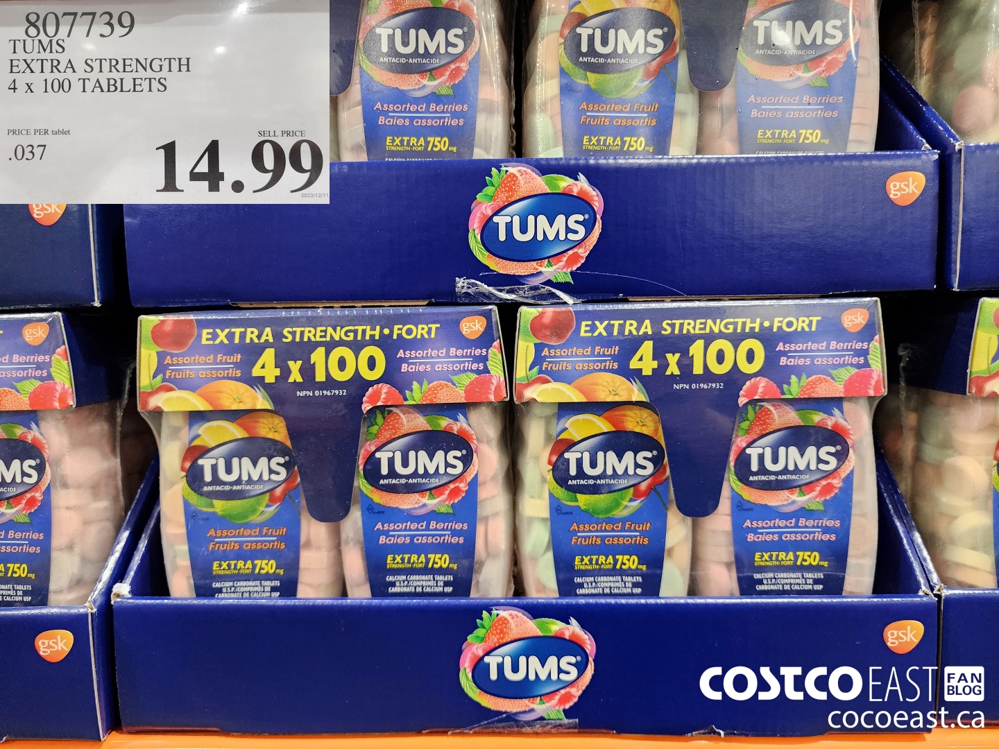 807739 TUMS EXTRA STRENGTH 4 x 100 TABLETS $14.99
