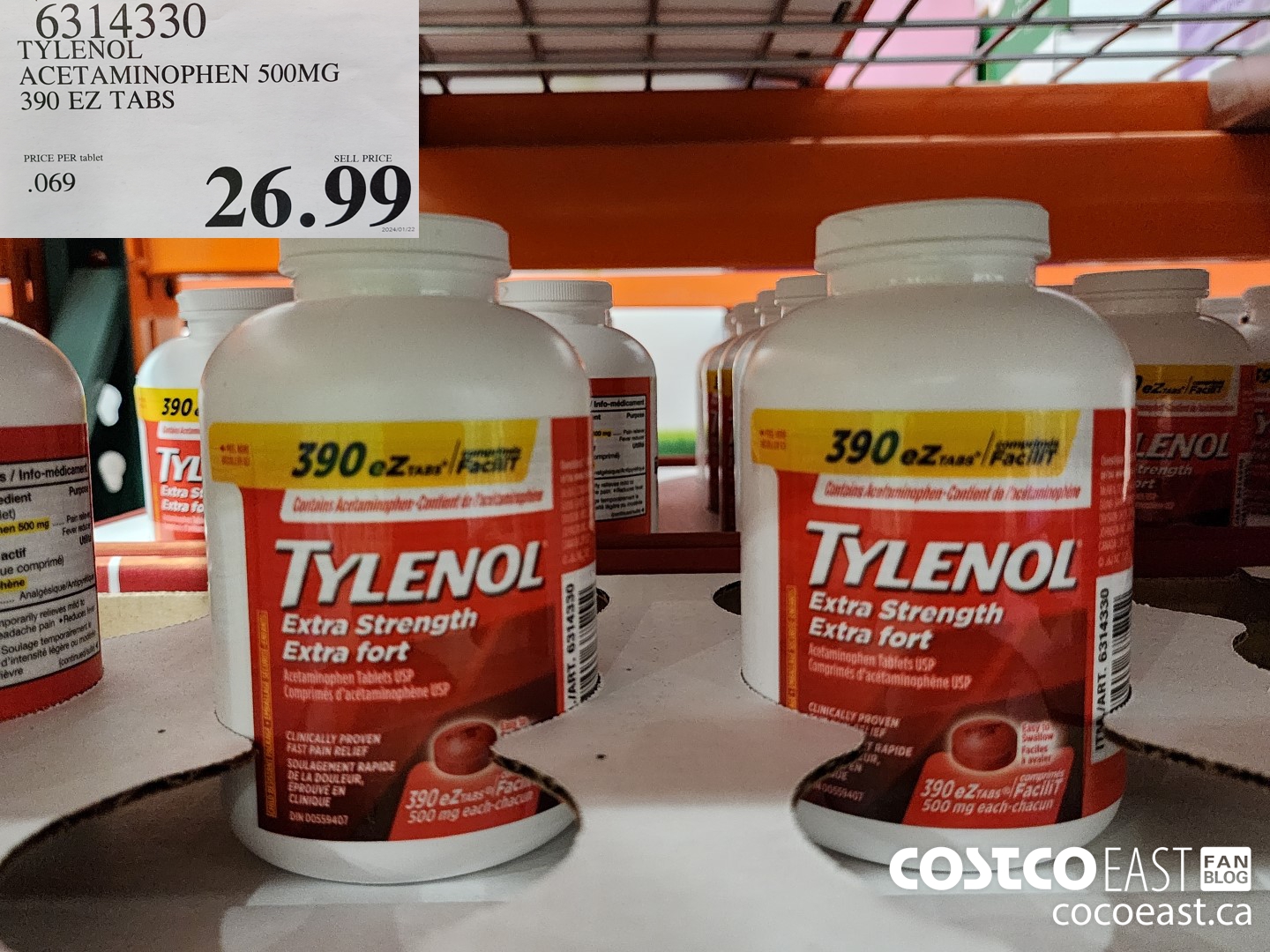 6314330 TYLENOL ACETAMINOPHEN 500MG 390 EZ TABS $26.99
