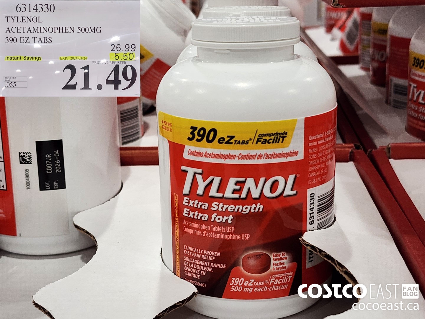 6314330 TYLENOL ACETAMINOPHEN 500MG 390 EZ TABS ($5.50 INSTANT SAVINGS EXPIRES ON 2024-03-24) $21.49