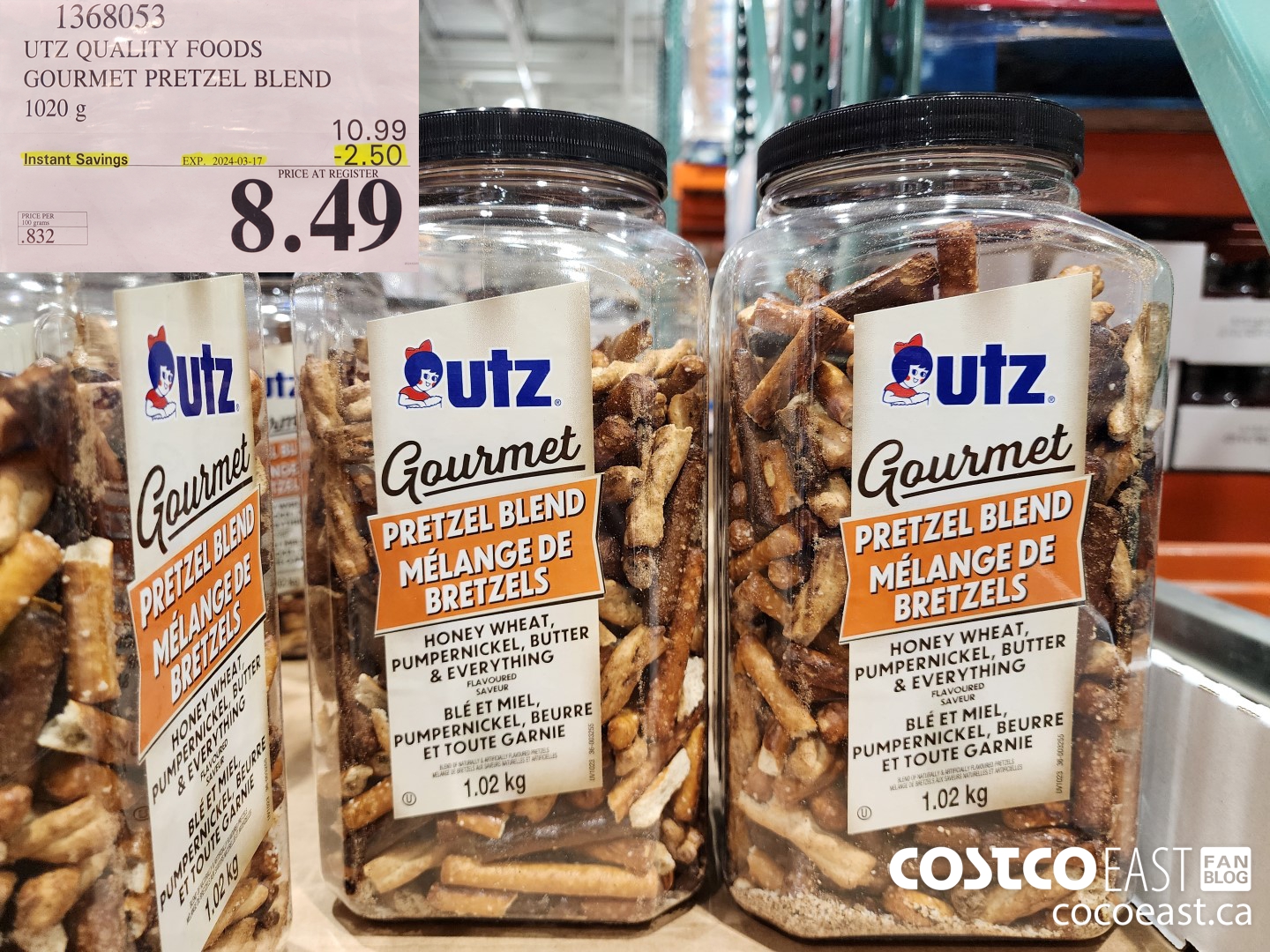 1368053 ULZ QUALITY FOODS GOURMET PRETZEL BLEND 1020 G ($2.50 INSTANT SAVINGS EXPIRES ON 2024-03-17) $8.49