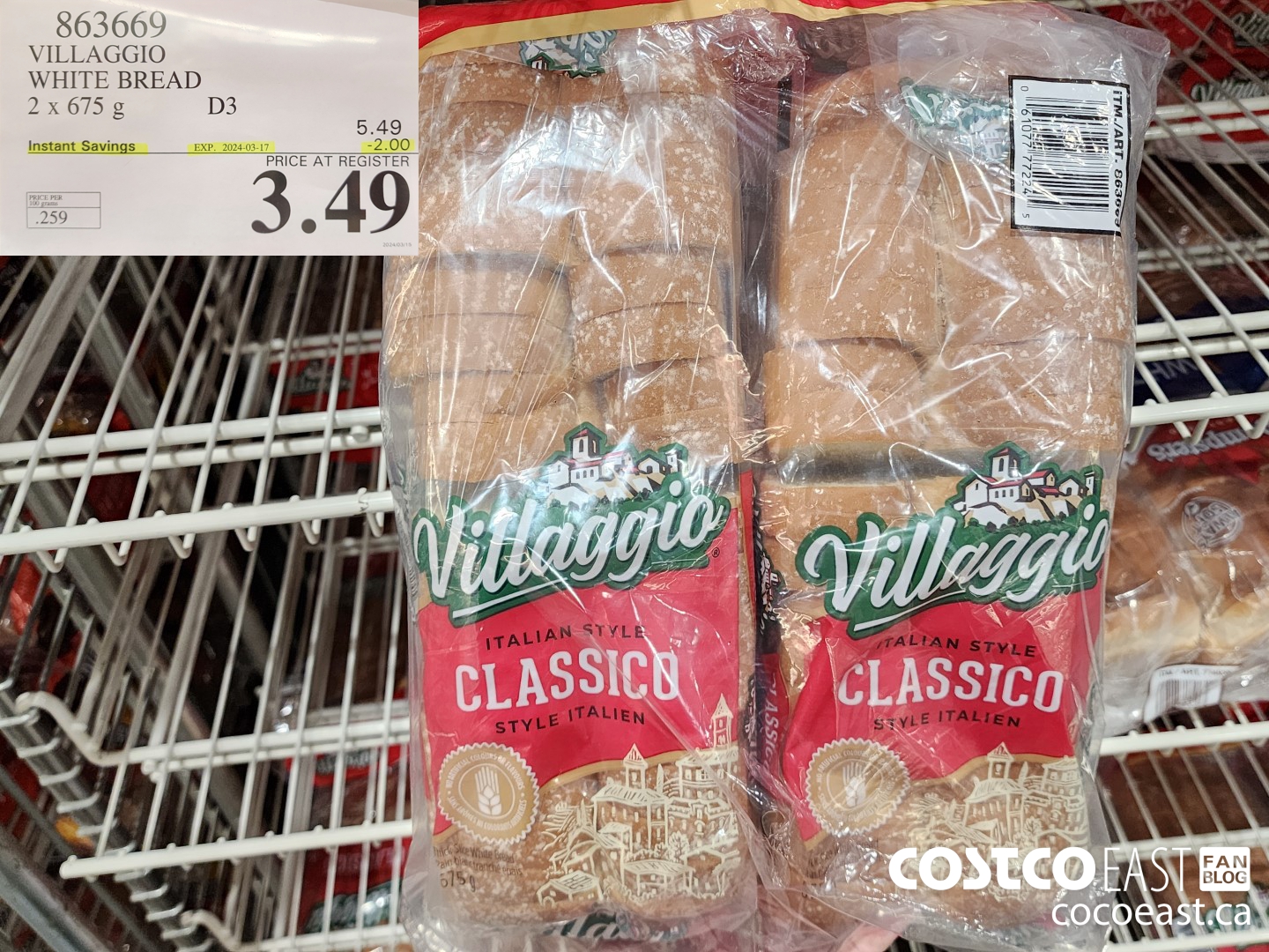 863669 VILLAGGIO WHITE BREAD 2 X 675G ($2.00 INSTANT SAVINGS EXPIRES ON 2024-03-17) $3.49