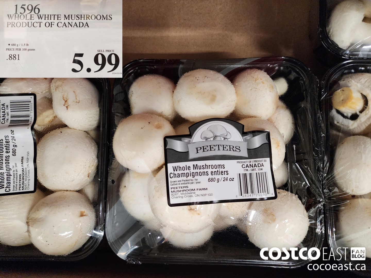 1596 WHOLE WHITE MUSHROOMS PRODUCT OF CANADA $5.99