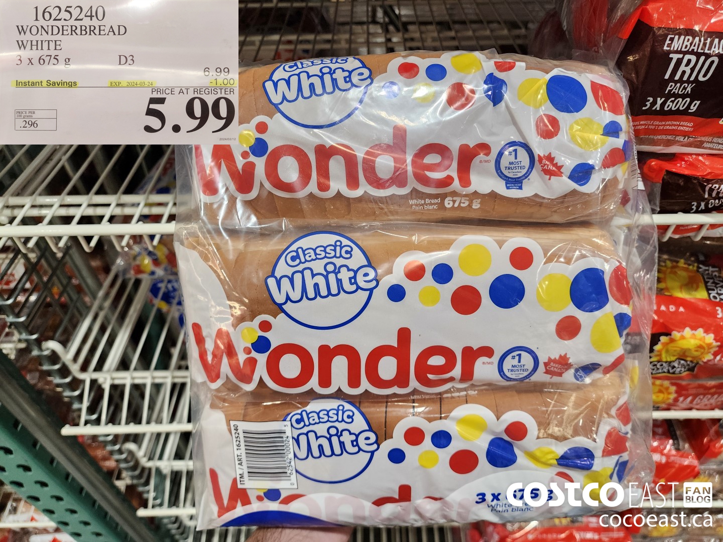 1625240 WONDERBREAD WHITE 3 X 675 G ($1.00 INSTANT SAVINGS EXPIRES ON 2024-03-24) $5.00