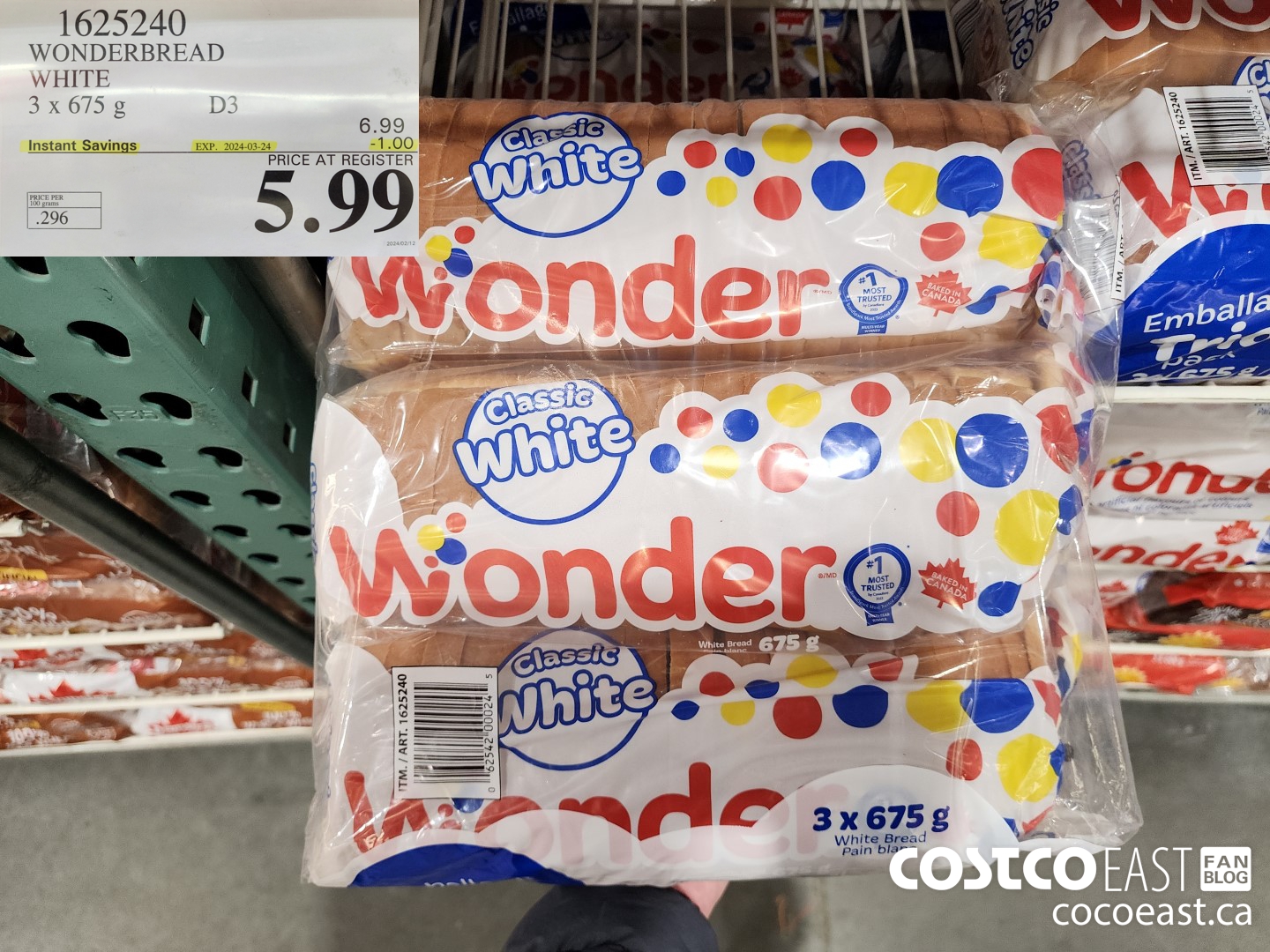 1625240 WONDERBREAD WHITE 3 X 675 G ($1.00 INSTANT SAVINGS EXPIRES ON 2024-03-24) $5.99
