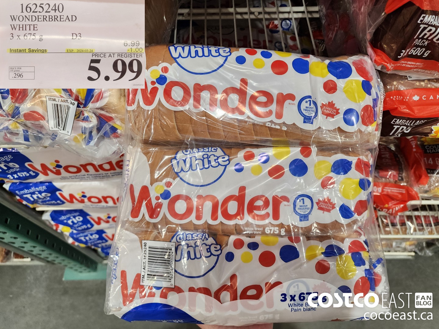 1625240 WONDERBREAD WHITE 3 X 675 G ($1.00 INSTANT SAVINGS EXPIRES ON 2024-03-24) $5.99