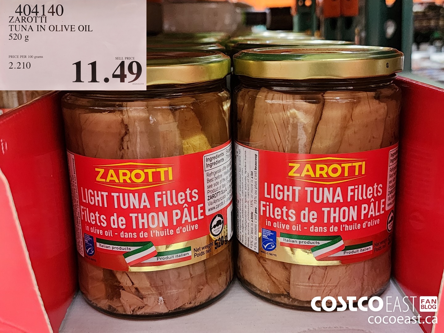 404140 ZAROTTI TUNA IN OLIVE OIL 520 g $11.49