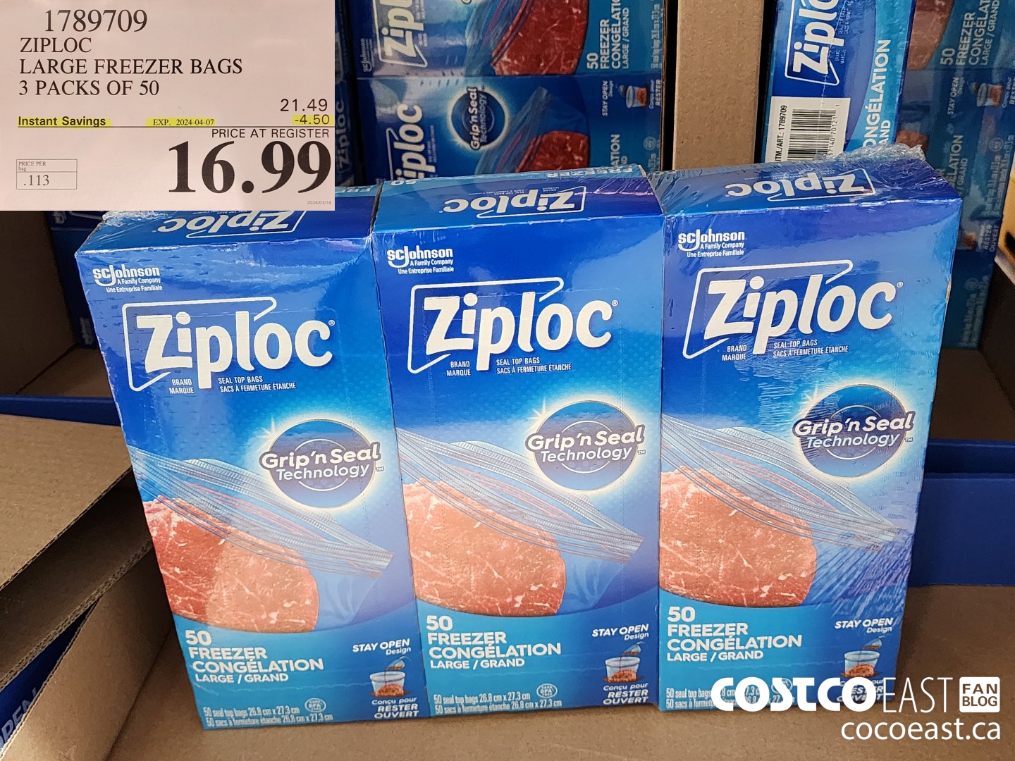 1789709 ZIPLOC LARGE FREEZER BAGS 3 PACKS OF BAGS 50 ($4.50 INSTANT SAVINGS EXPIRES ON 2024-04-07) $16.99