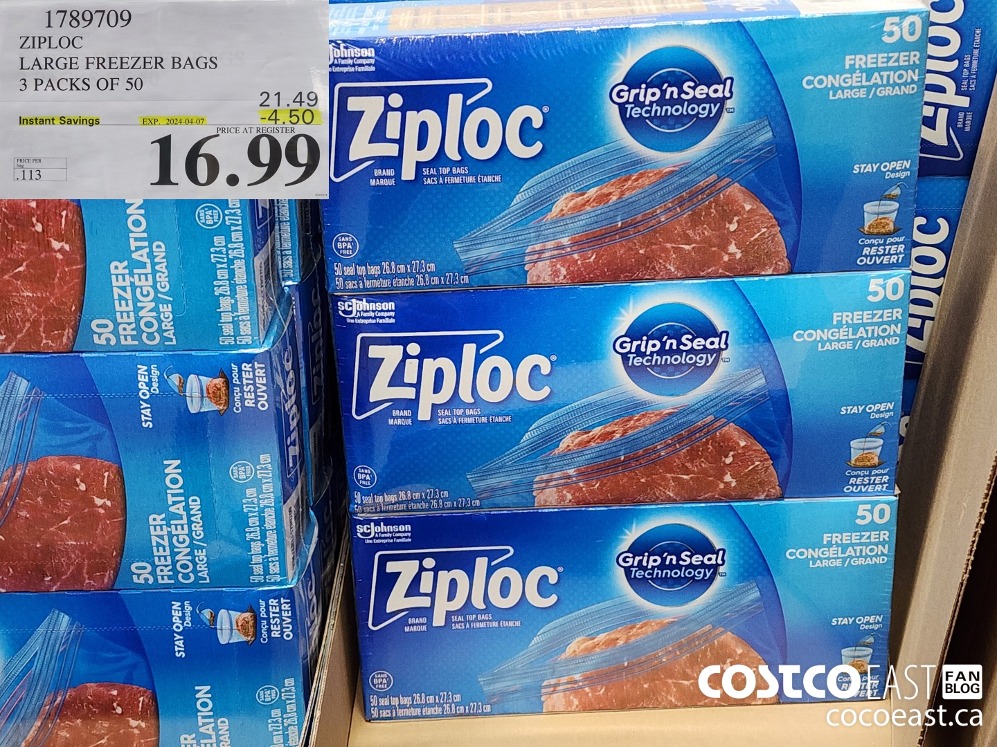1789709 ZIPLOC LARGE FREEZER BAGS 3 PACKS OF BAGS 50  ($4.50 INSTANT SAVINGS EXPIRES ON 2024-04-07) $16.99