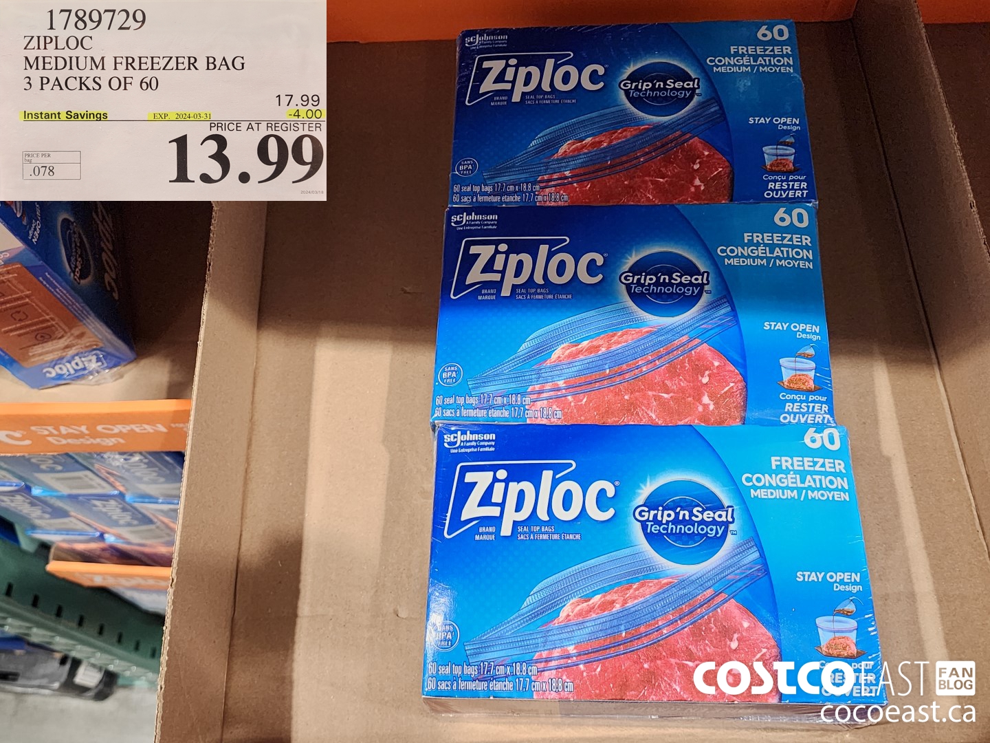 1789729 ZIPLOC MEDIUM FREEZER BAG 3 PACKS OF 60 ($4.00 INSTANT SAVINGS EXPIRES ON 2024-03-31) $13.99