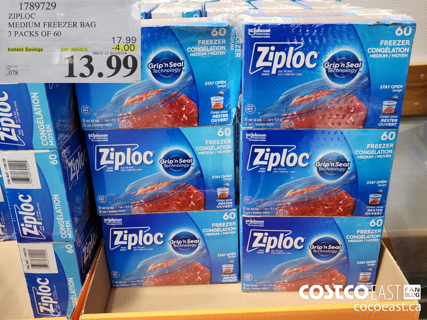 1789729 ZIPLOC MEDIUM FREEZER BAG 3 PACKS OF 60   ($4.00 INSTANT SAVINGS EXPIRES ON 2024-03-31) $13.99