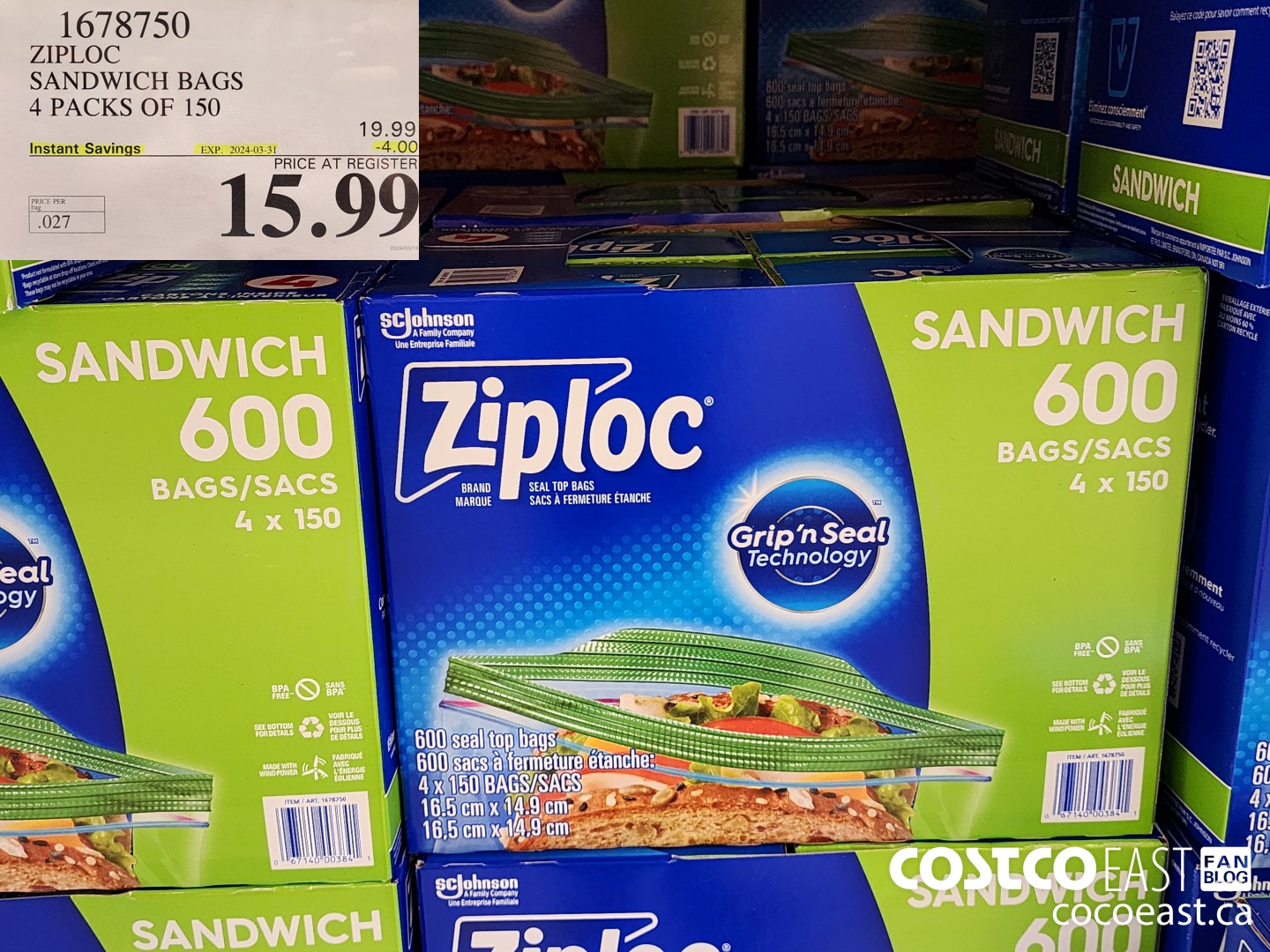 1678750 ZIPLOC SANDWICH BAGS 4 PACKS OF 150 ($4.00 INSTANT SAVINGS EXPIRES ON 2024-03-31) $15.99