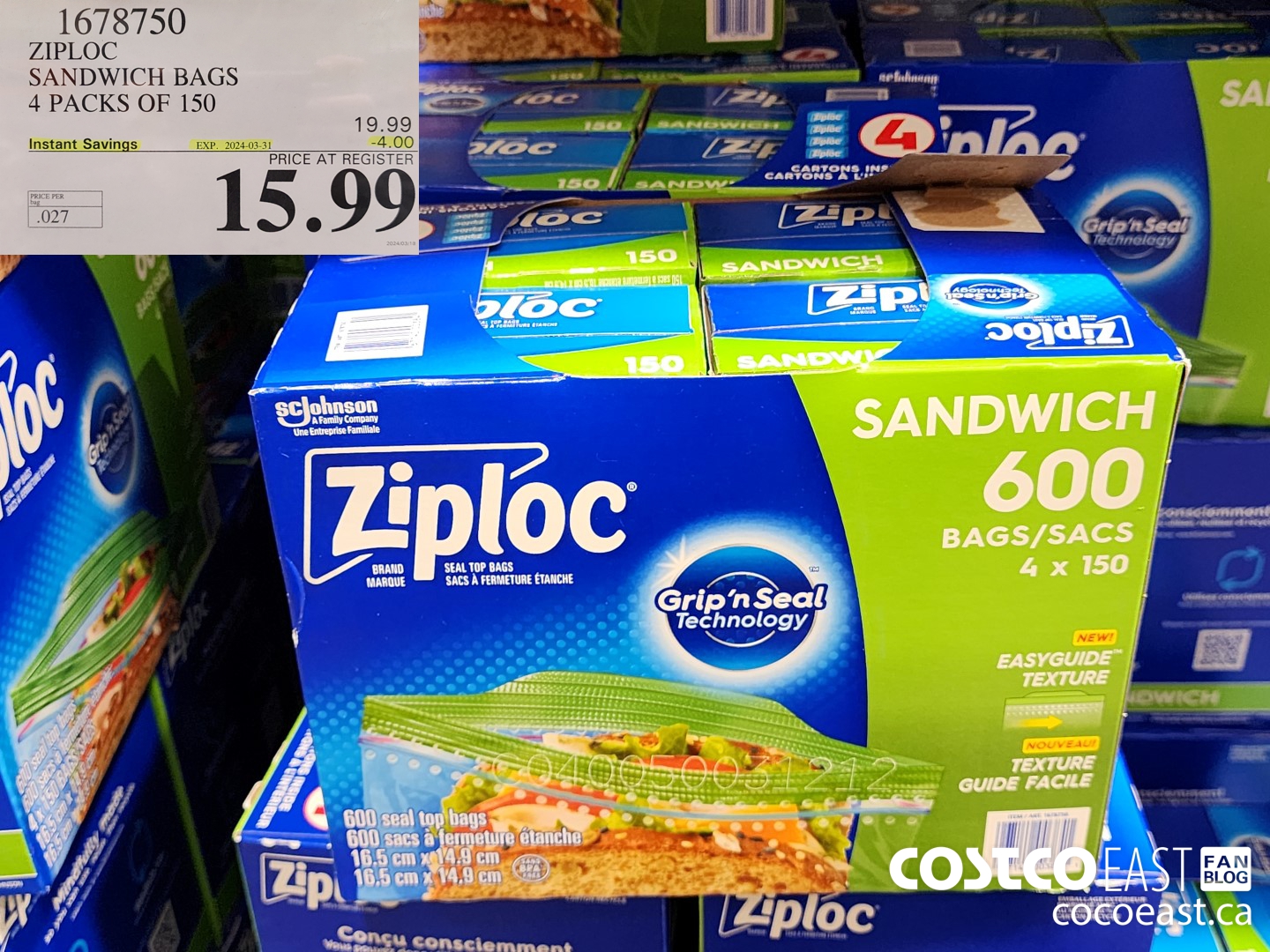 1678750 ZIPLOC SANDWICH BAGS 4 PACKS OF 150 ($4.00 INSTANT SAVINGS EXPIRES ON 2024-03-31) $15.99