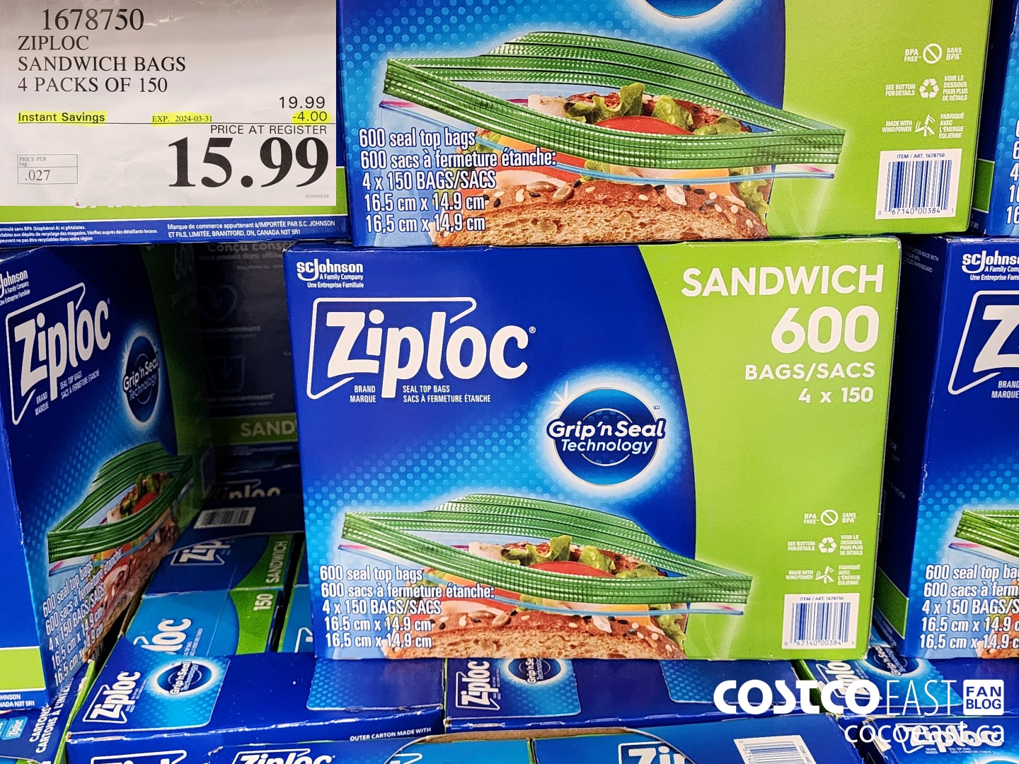 1678750 ZIPLOC SANDWICH BAGS 4 PACKS OF 150 ($4.00 INSTANT SAVINGS EXPIRES ON 2024-03-31) $15.99