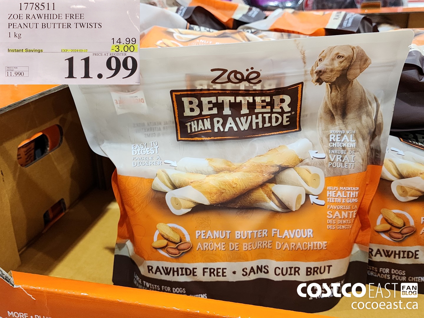 1778511 ZOE RAWHIDE FREE PEANUT BUTTER TWISTS 1 kg ($3.00 INSTANT SAVINGS EXPIRES ON 2024-03-17) $11.99