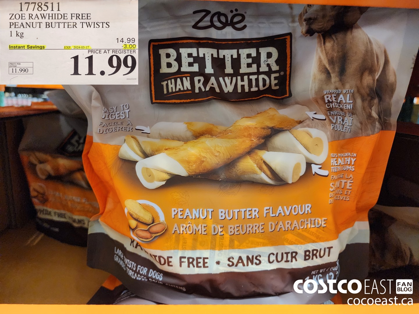 1778511 ZOE RAWHIDE FREE PEANUT BUTTER TWISTS 1 kg ($3.00 INSTANT SAVINGS EXPIRES ON 2024-03-17) $11.99