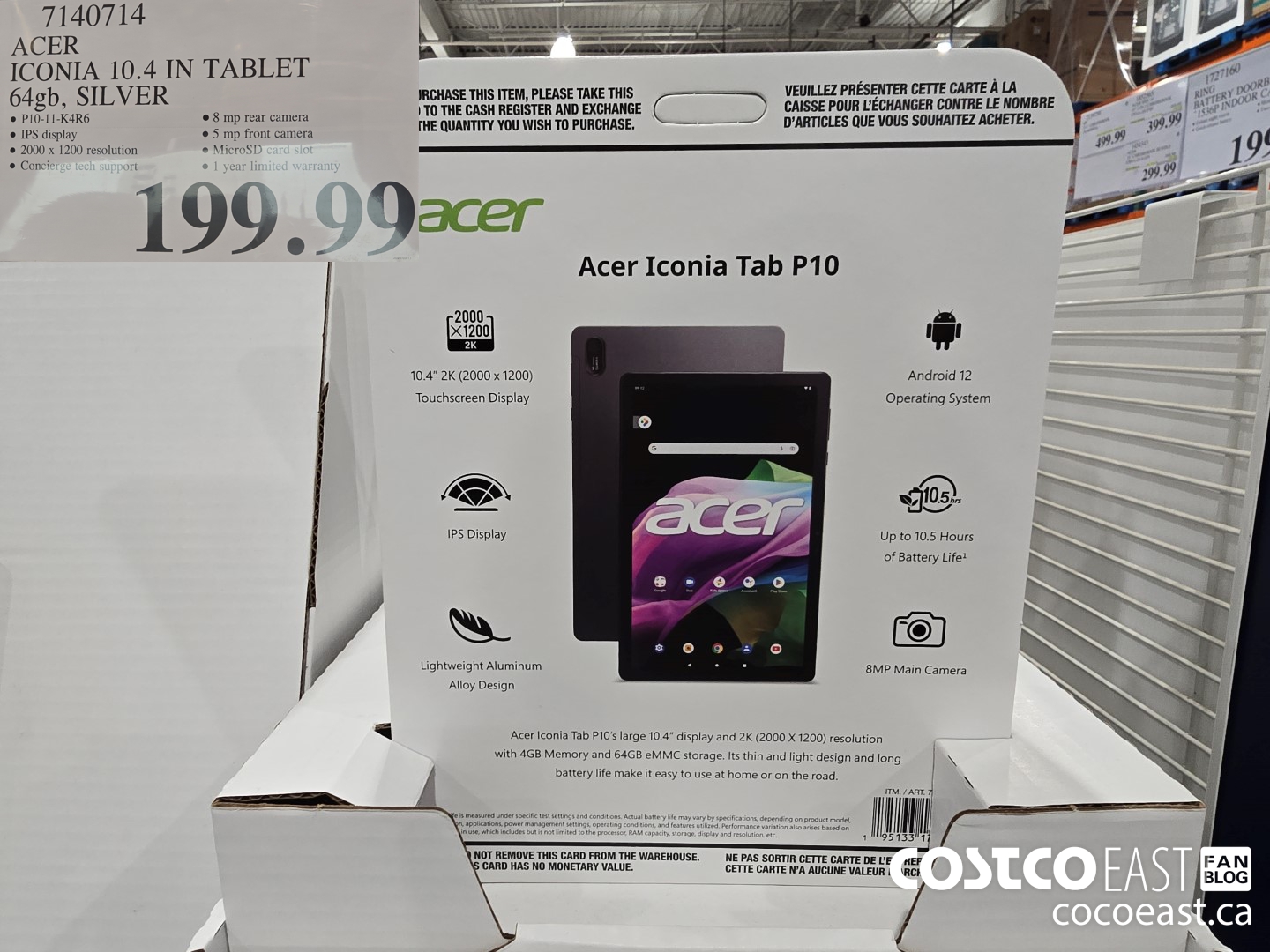 7140714 ACER ICONIA 10.4 IN TABLET 64GB, SILVER $199.99