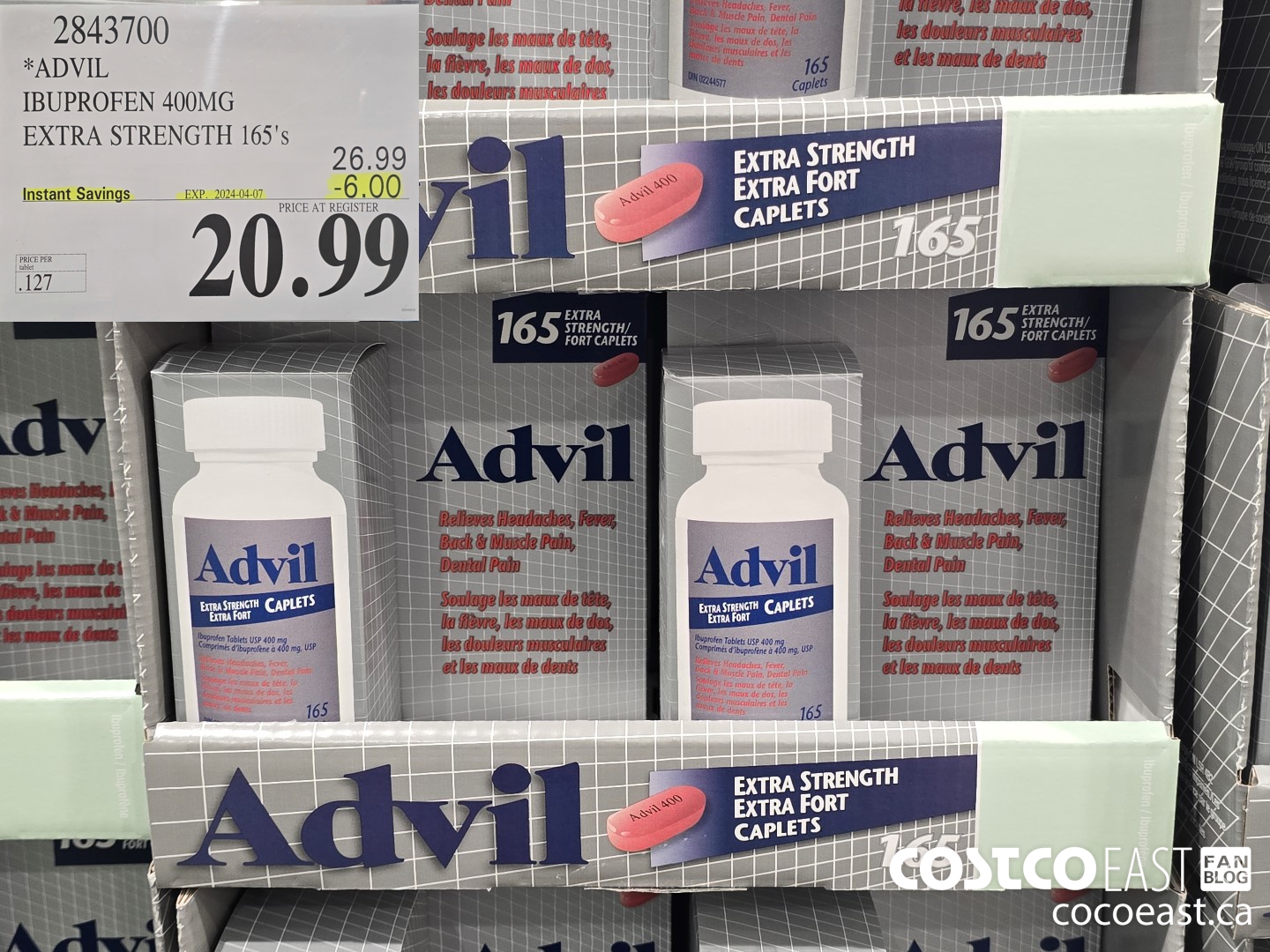 2843700 ADVIL IBUPROFEN 400MG EXTRA STRENGTH 165's ($6.00 INSTANT SAVINGS EXPIRES ON 2024-04-07) $20.99