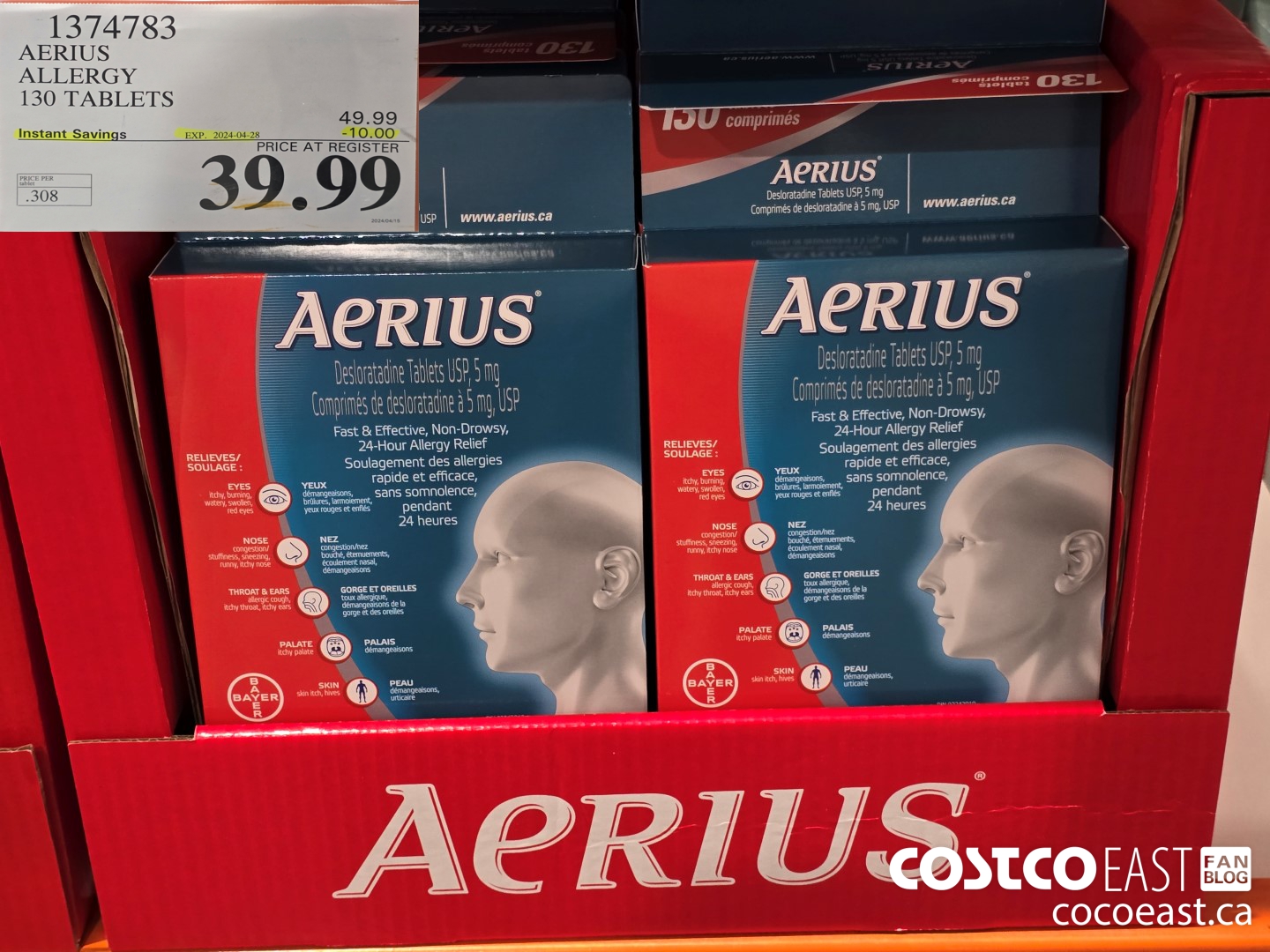 1374783 AERIUS ALLERGY 130 TABLETS ($10.00 INSTANT SAVINGS EXPIRES ON 2024-04-28) $39.99