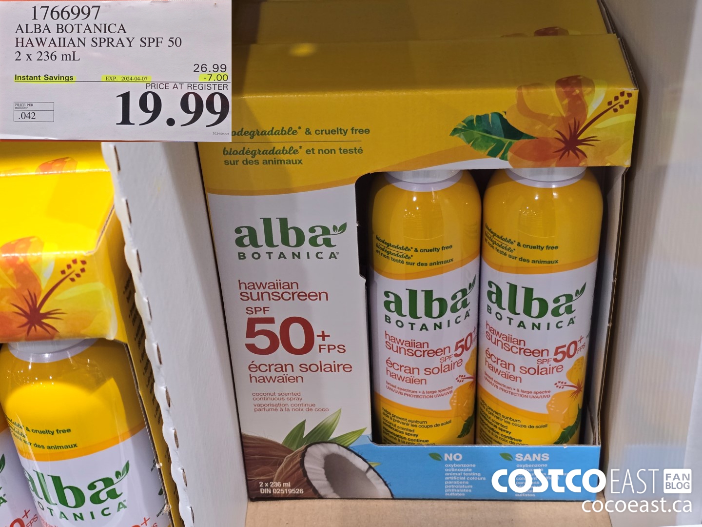 1766997 ALBA BOTANICA HAWAIIAN SPRAY SPF 50 2 X 236 ML ($7.00 INSTANT SAVINGS EXPIRES ON 2024-04-07) $19.99