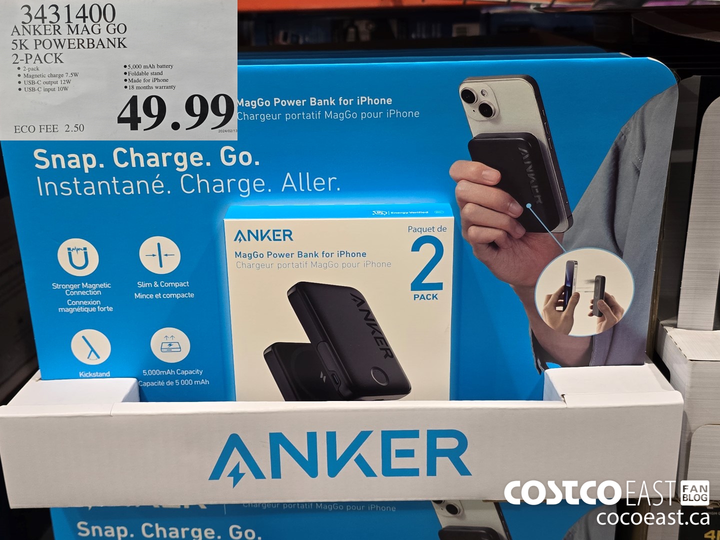 3431400 ANKER MAG GO 5K POWERBANK 2-PACK $49.99