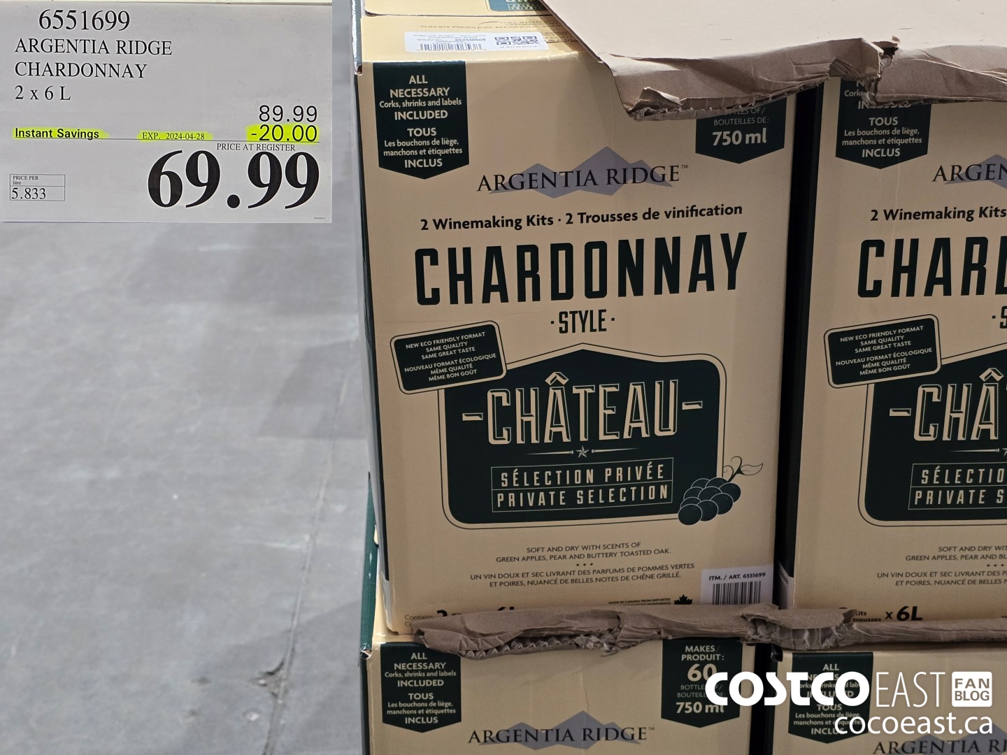 6551699 ARGENTIA RIDGE CHARDONNAY 2 X 6L ($20.00 INSTANT SAVINGS EXPIRES ON 2024-04-28) $69.99