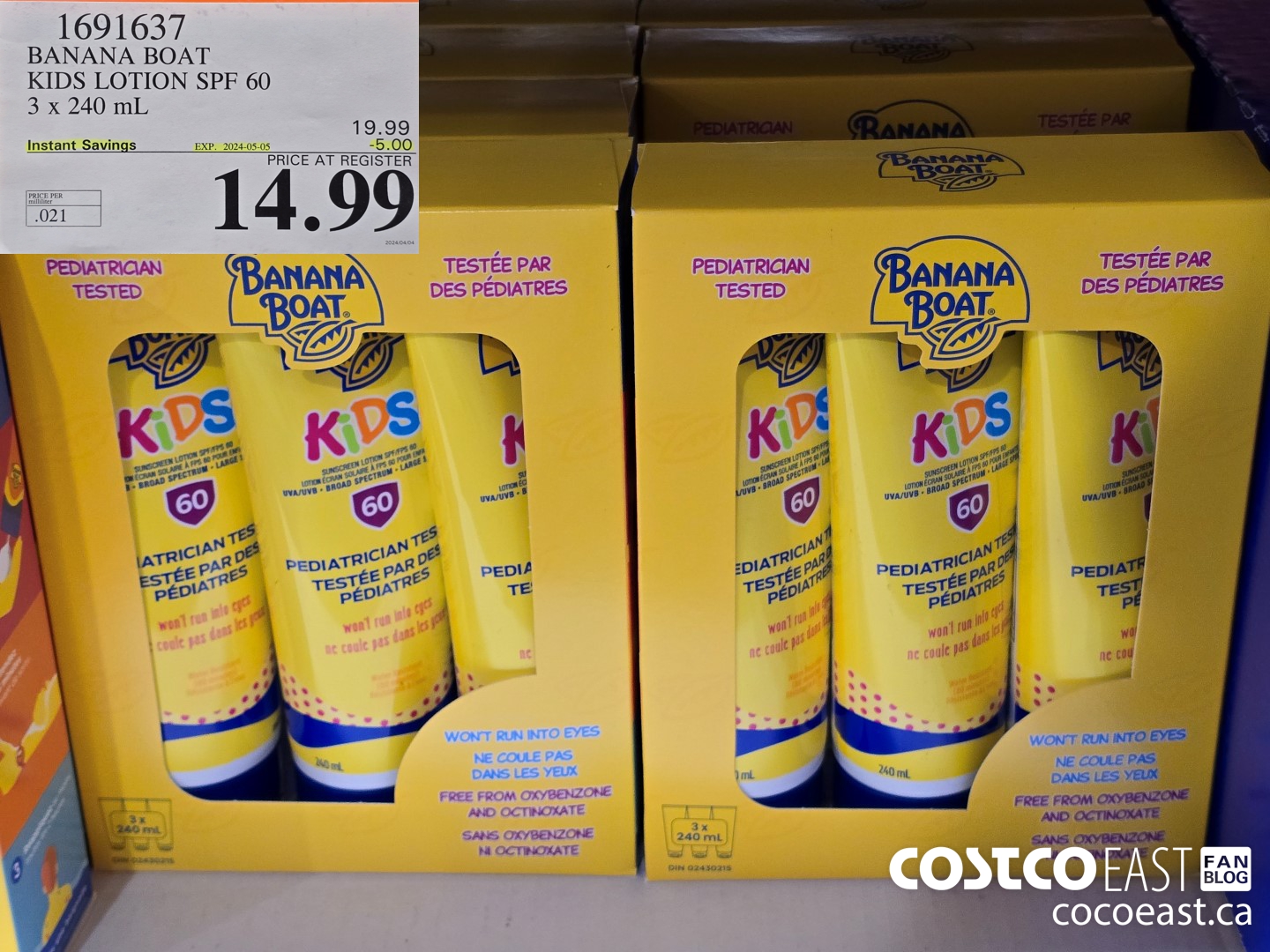 1691637 BANANA BOAT KIDS SUNSCREEN LOTION SPF 60 3 x 240mL ($5.00 INSTANT SAVINGS EXPIRES ON 2024-05-05) $14.99